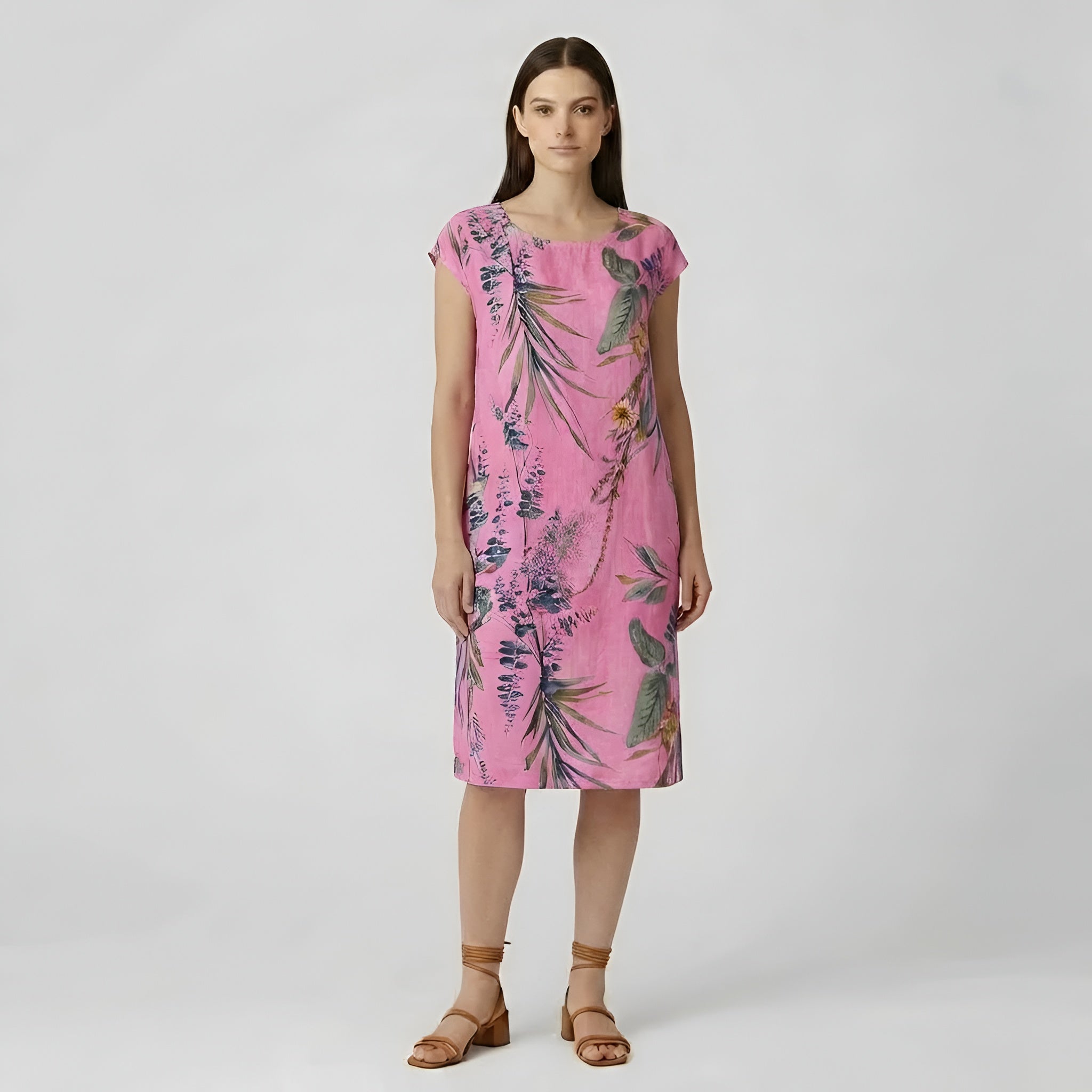 Abito estivo da donna in cotone, vestito ampio con stampa, maniche corte e tasche