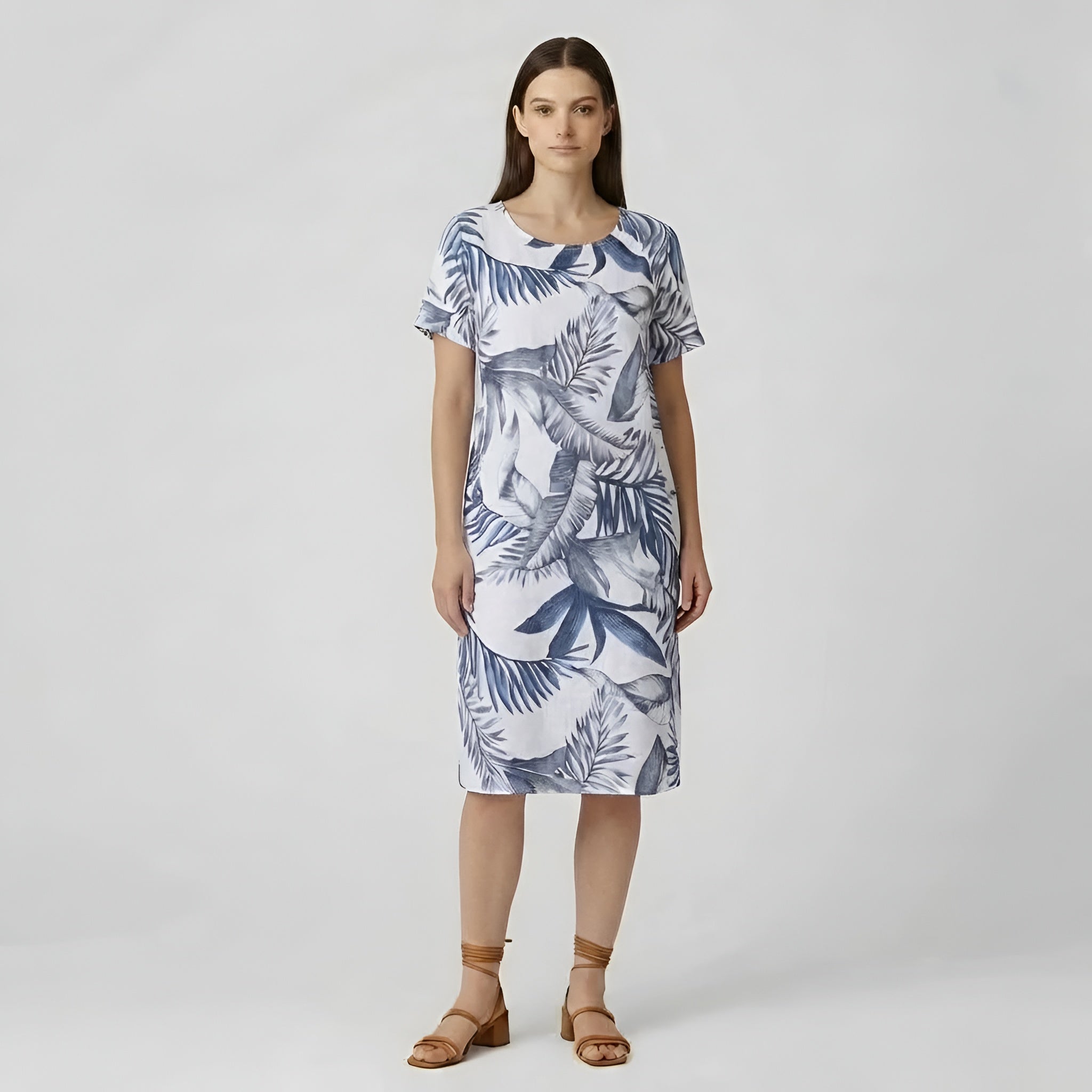 Abito estivo da donna in cotone, vestito ampio con stampa, maniche corte e tasche