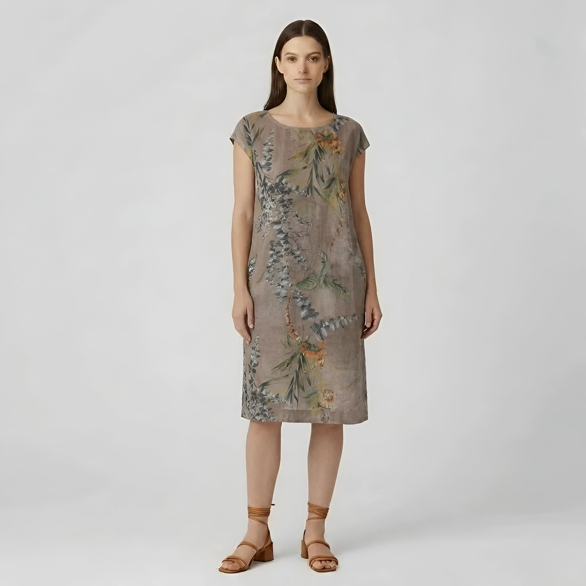 Vestido de verão para senhora em algodão, vestido solto com estampado, mangas curtas e bolsos