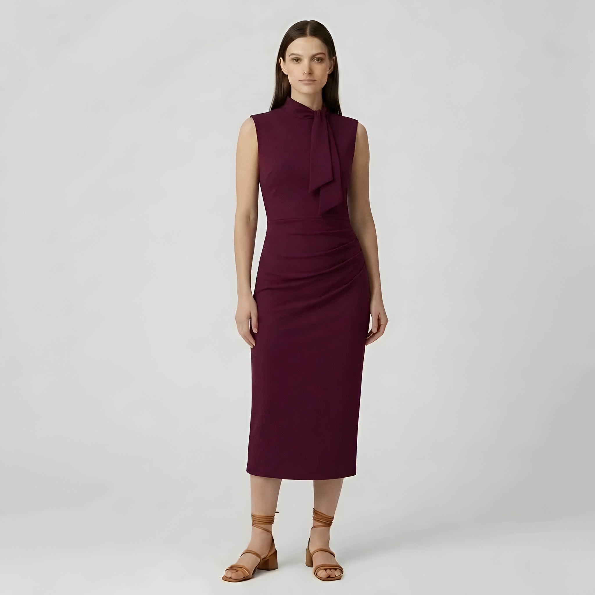 Katie | Sukienka damska na wesele midi bez rękawów z marszczonym przodem