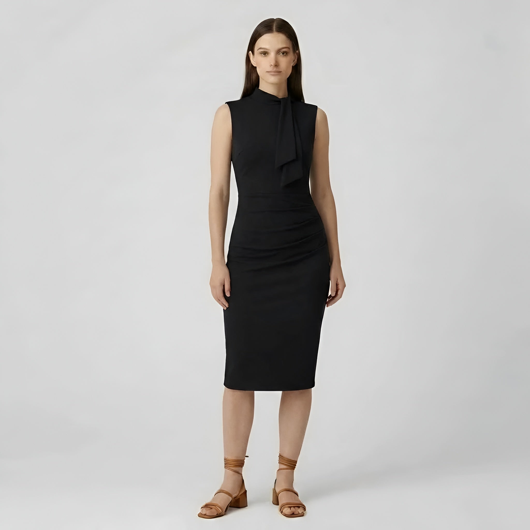 Katie | Vestido Midi Sem Mangas para Mulher, Convidada de Casamento, com Detalhe Frontal Drapeado