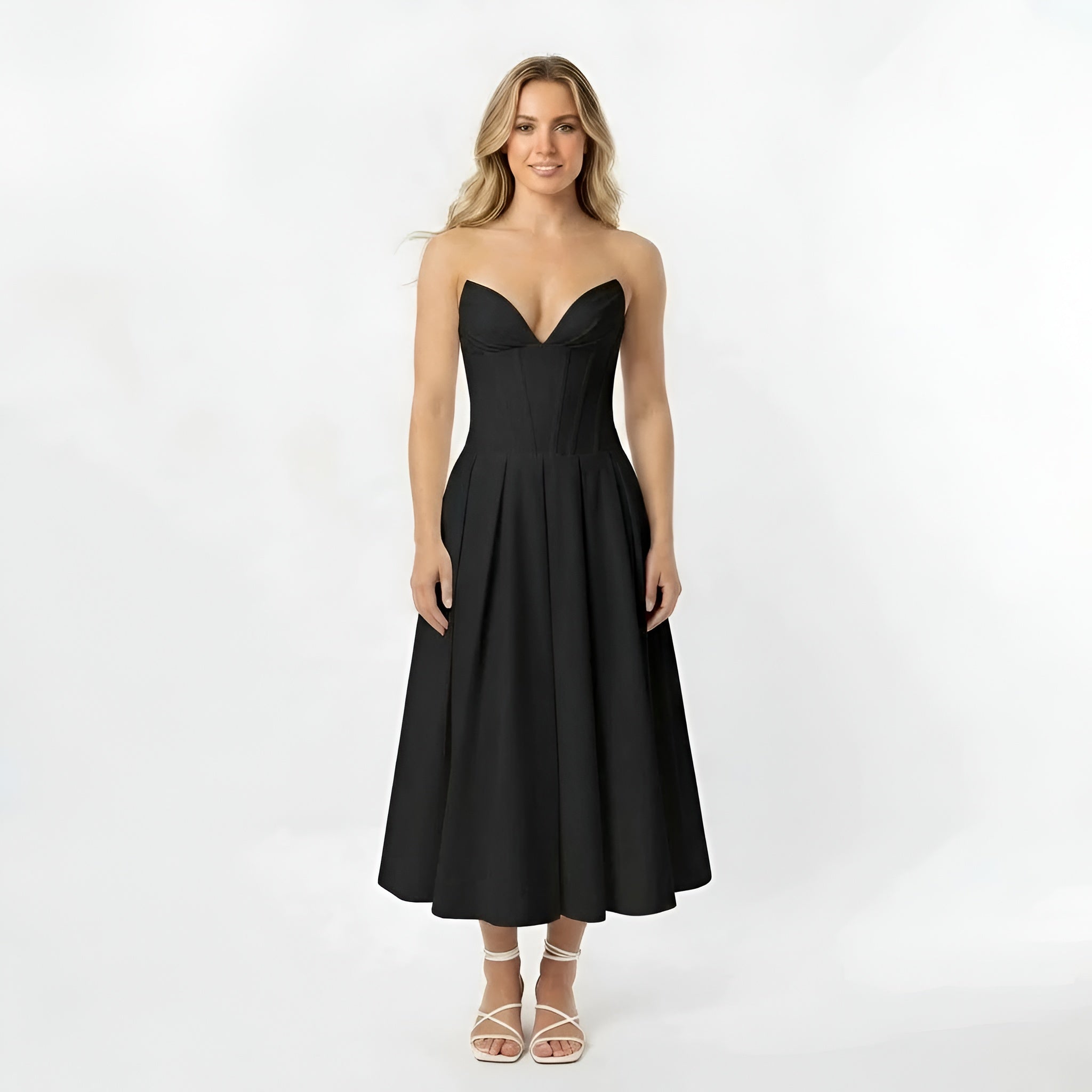 Avelisse | Dámské bezramínkové strukturované midi šaty pro svatební hosty