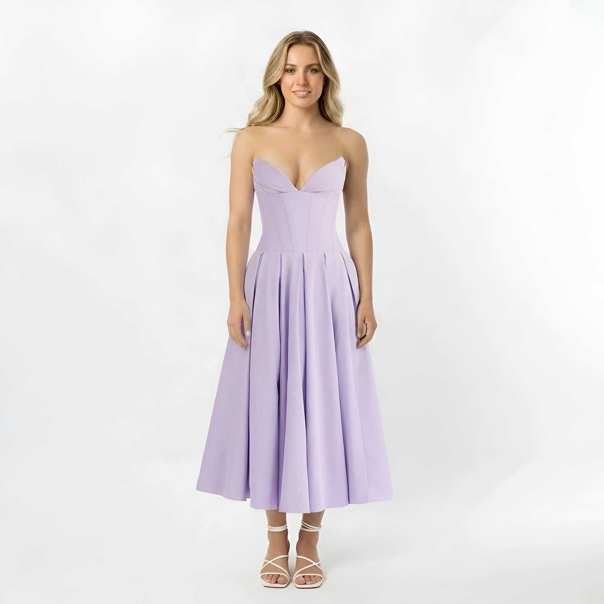 Avelisse | Dámské bezramínkové strukturované midi šaty pro svatební hosty