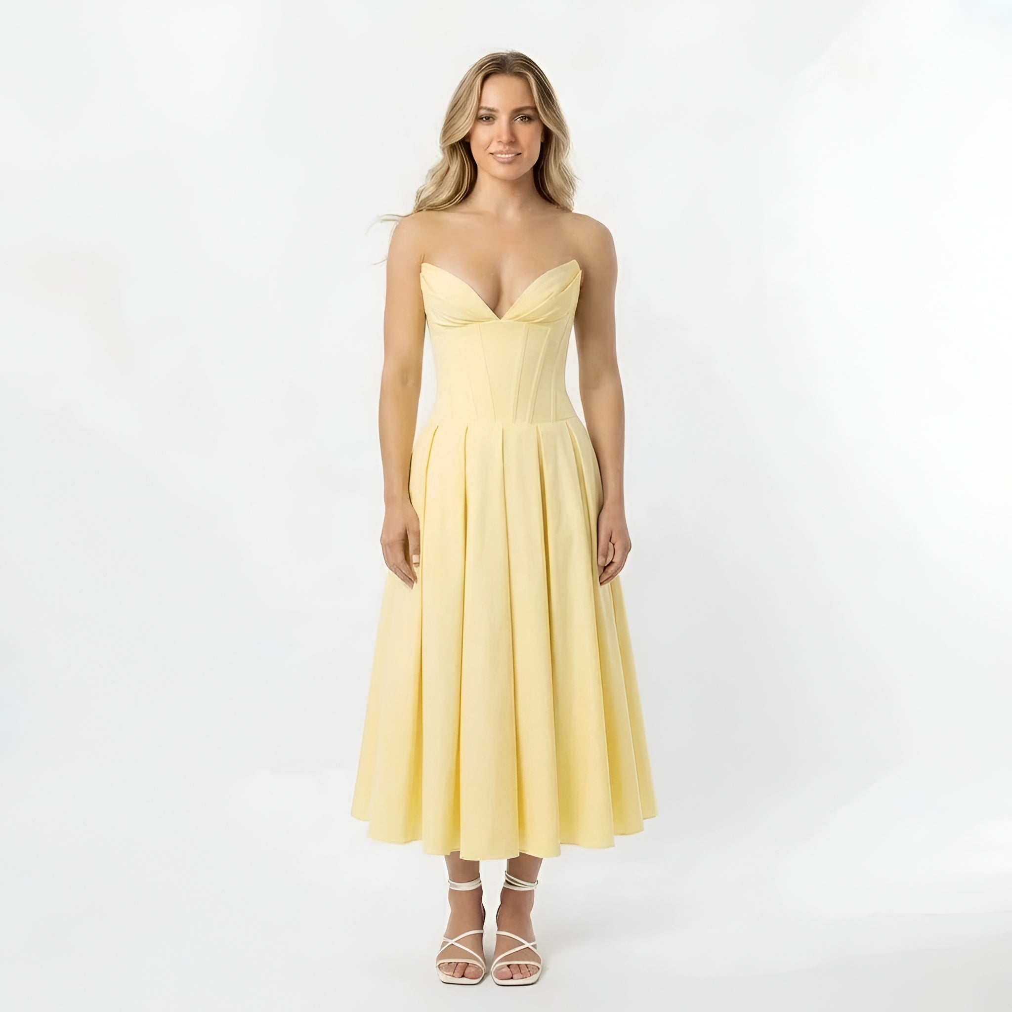 Avelisse | Dámské bezramínkové strukturované midi šaty pro svatební hosty