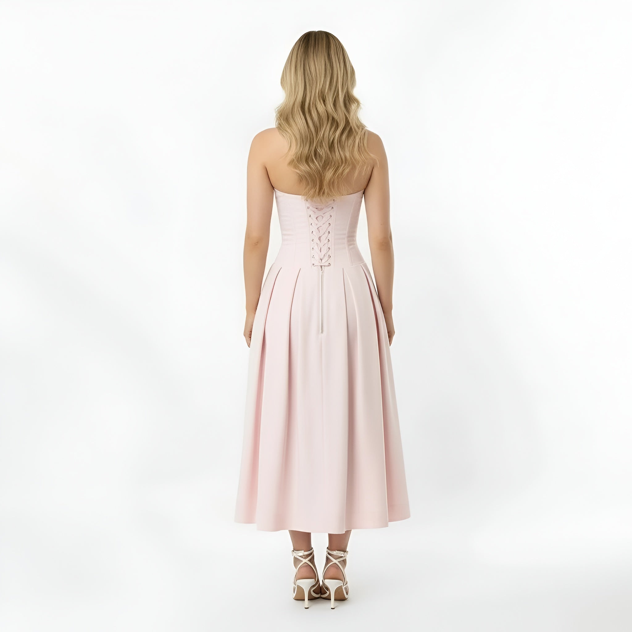 Avelisse | Dámské bezramínkové strukturované midi šaty pro svatební hosty