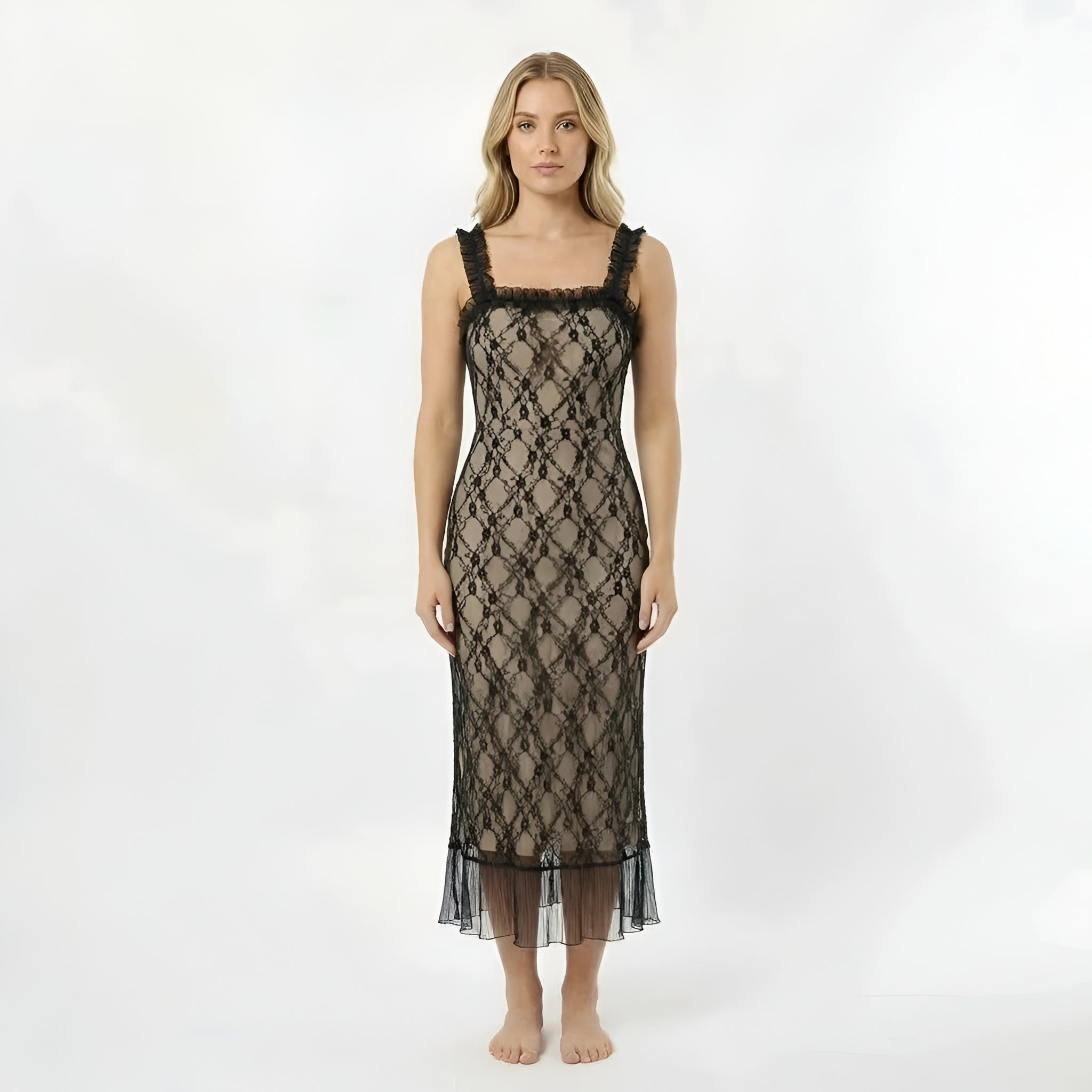 Vestido midi justo Dame em loiro com alças e design transparente