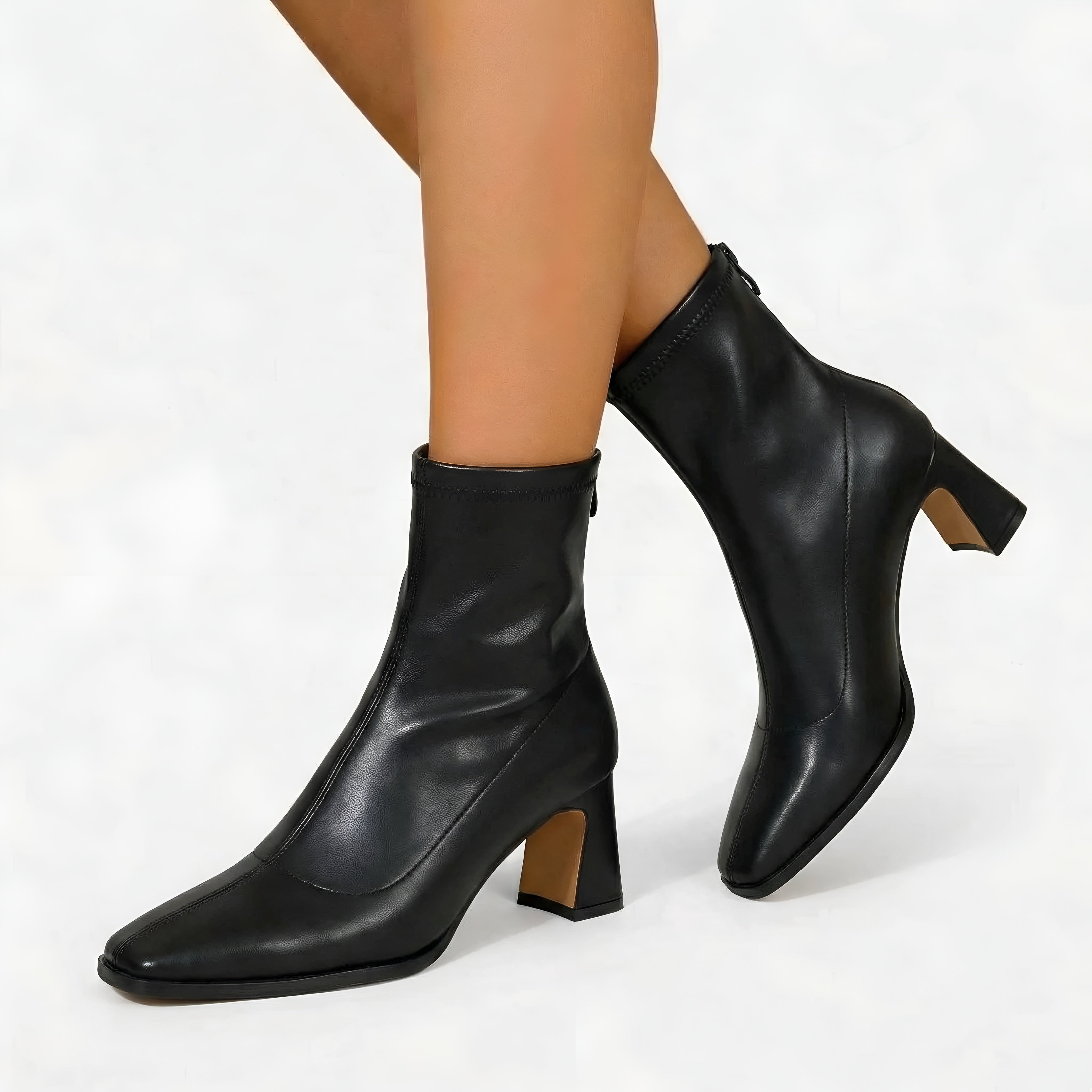 Ankelstøvler dame med hæl lynlås klassiske støvletter i læderlook
