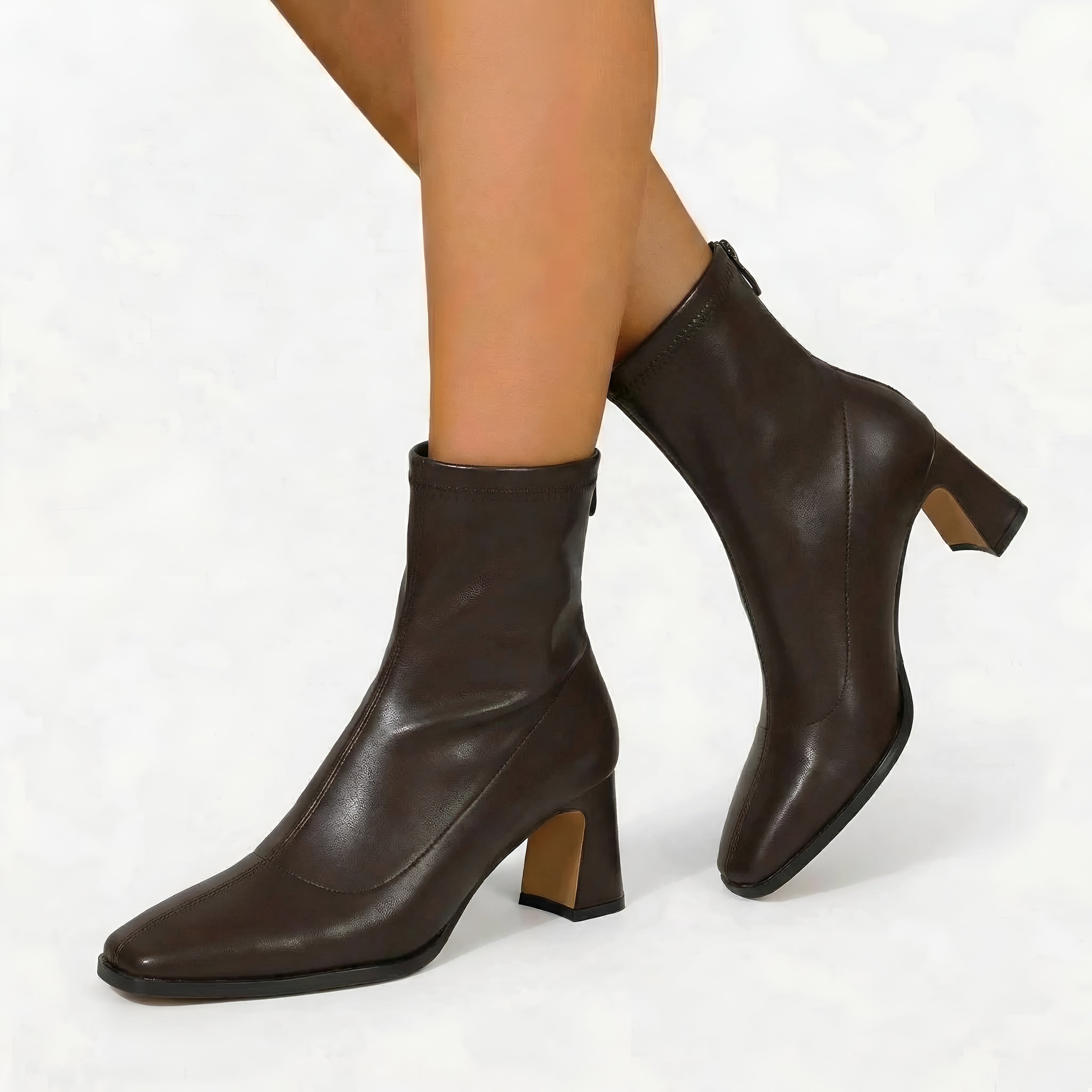 Ankelstøvler dame med hæl lynlås klassiske støvletter i læderlook