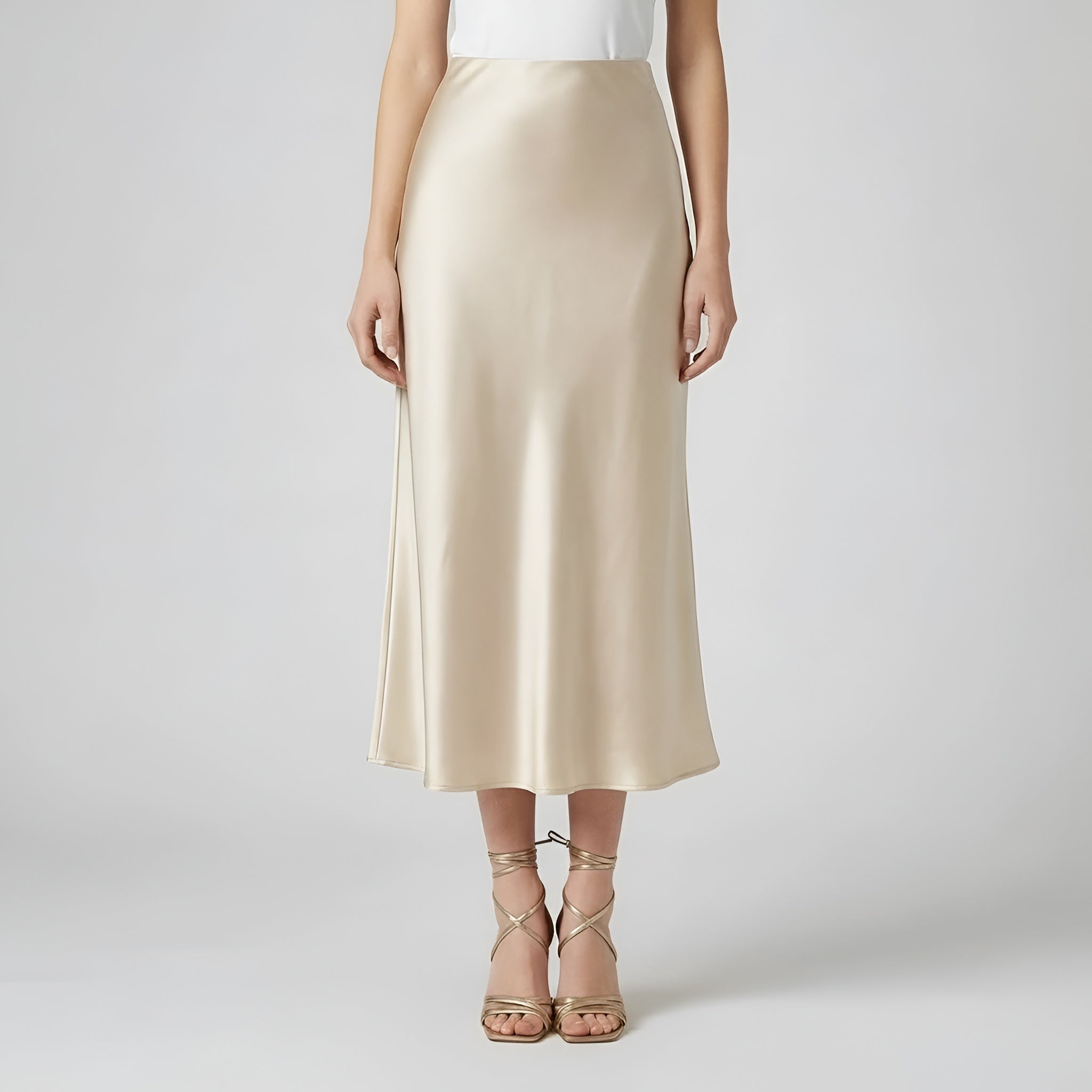 Saia midi elegante de cetim longo para senhora, cintura alta, aspeto seda