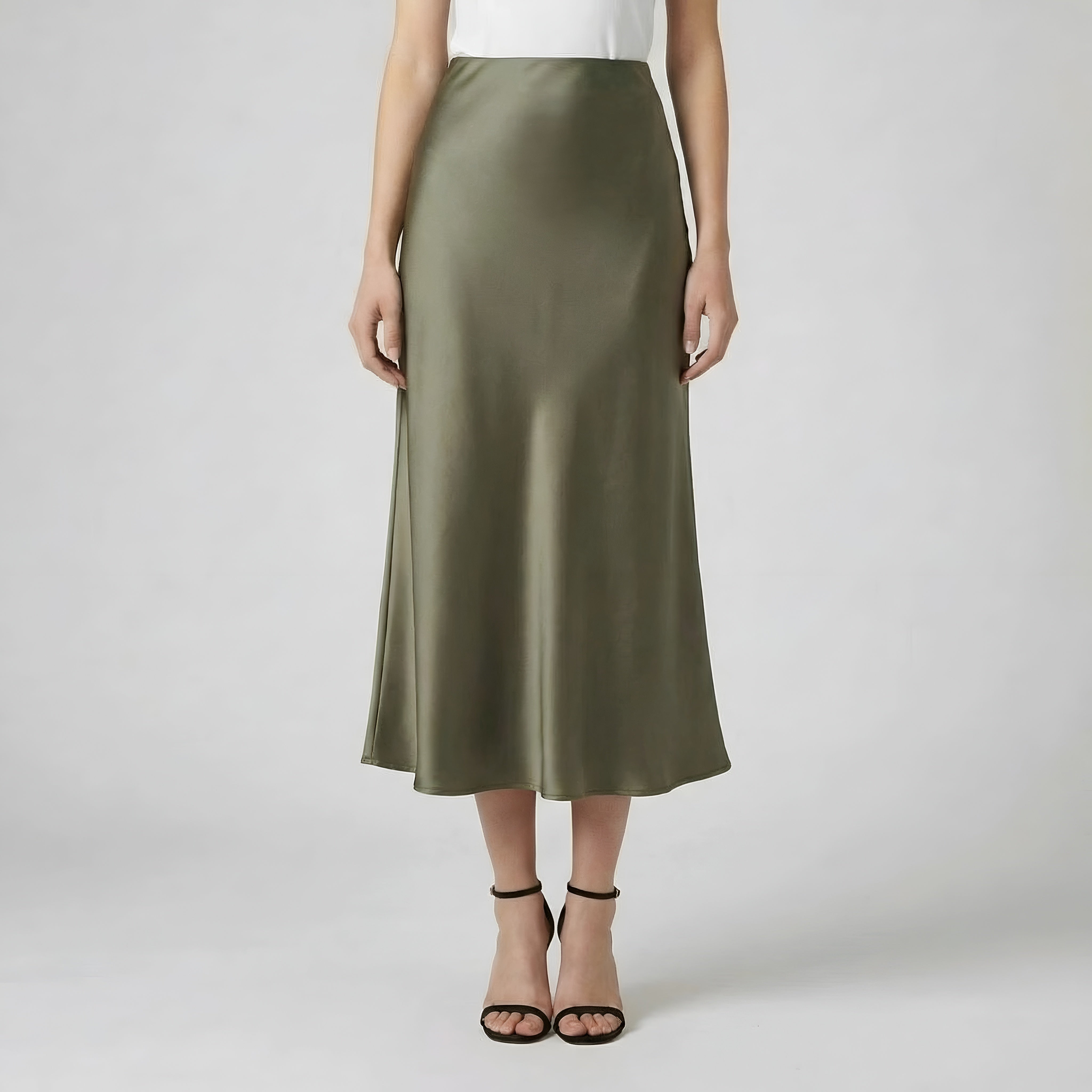 Saia midi elegante de cetim longo para senhora, cintura alta, aspeto seda