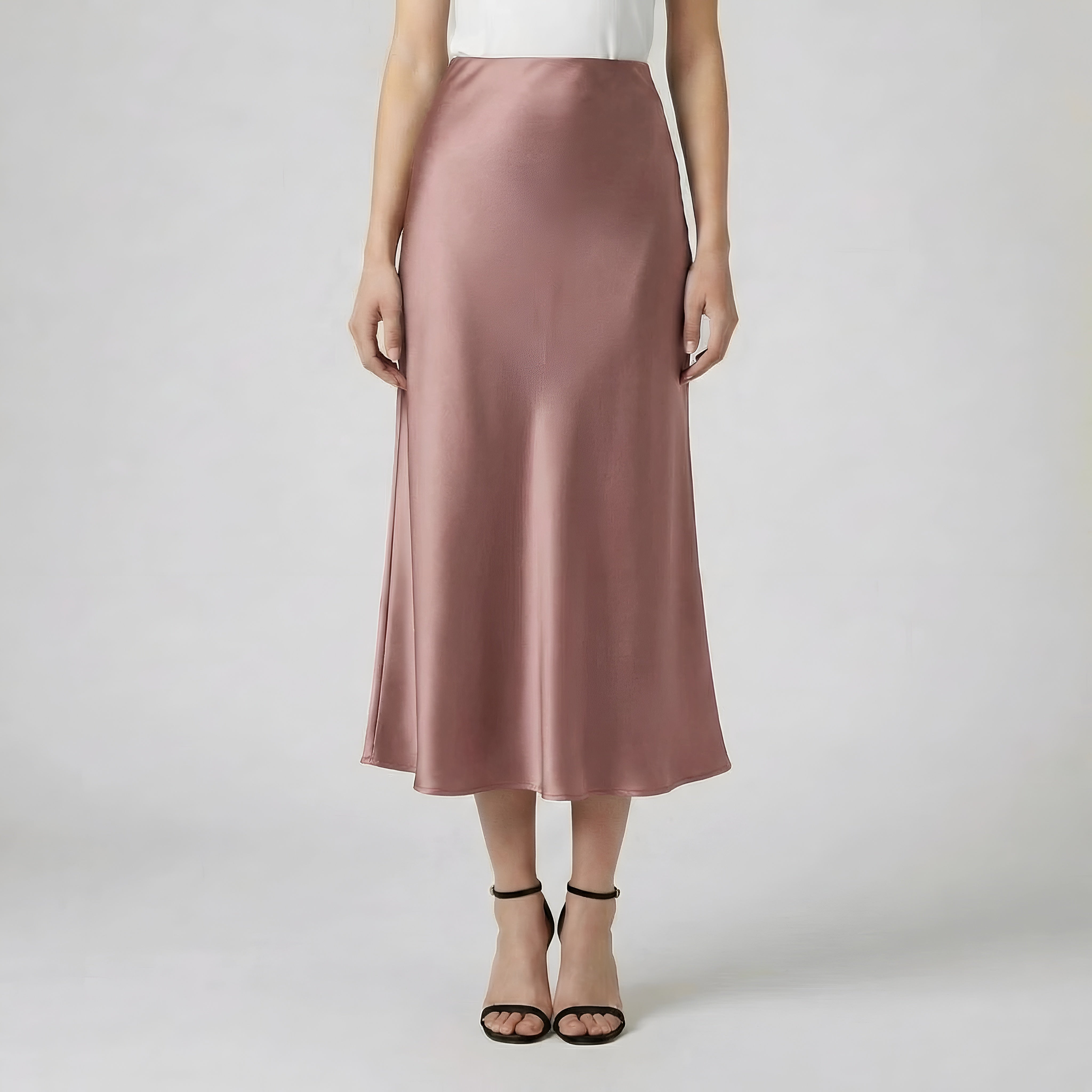 Saia midi elegante de cetim longo para senhora, cintura alta, aspeto seda