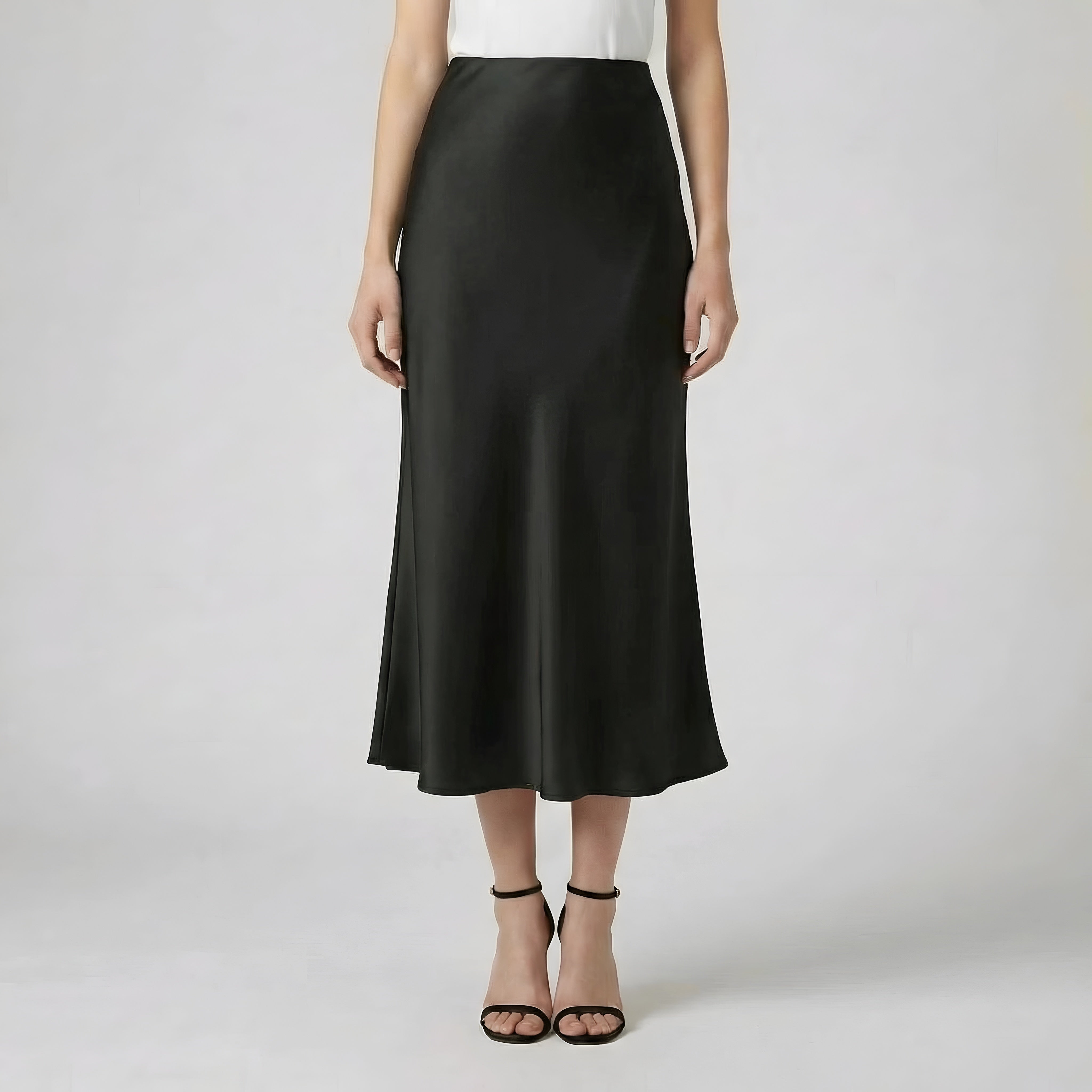 Saia midi elegante de cetim longo para senhora, cintura alta, aspeto seda