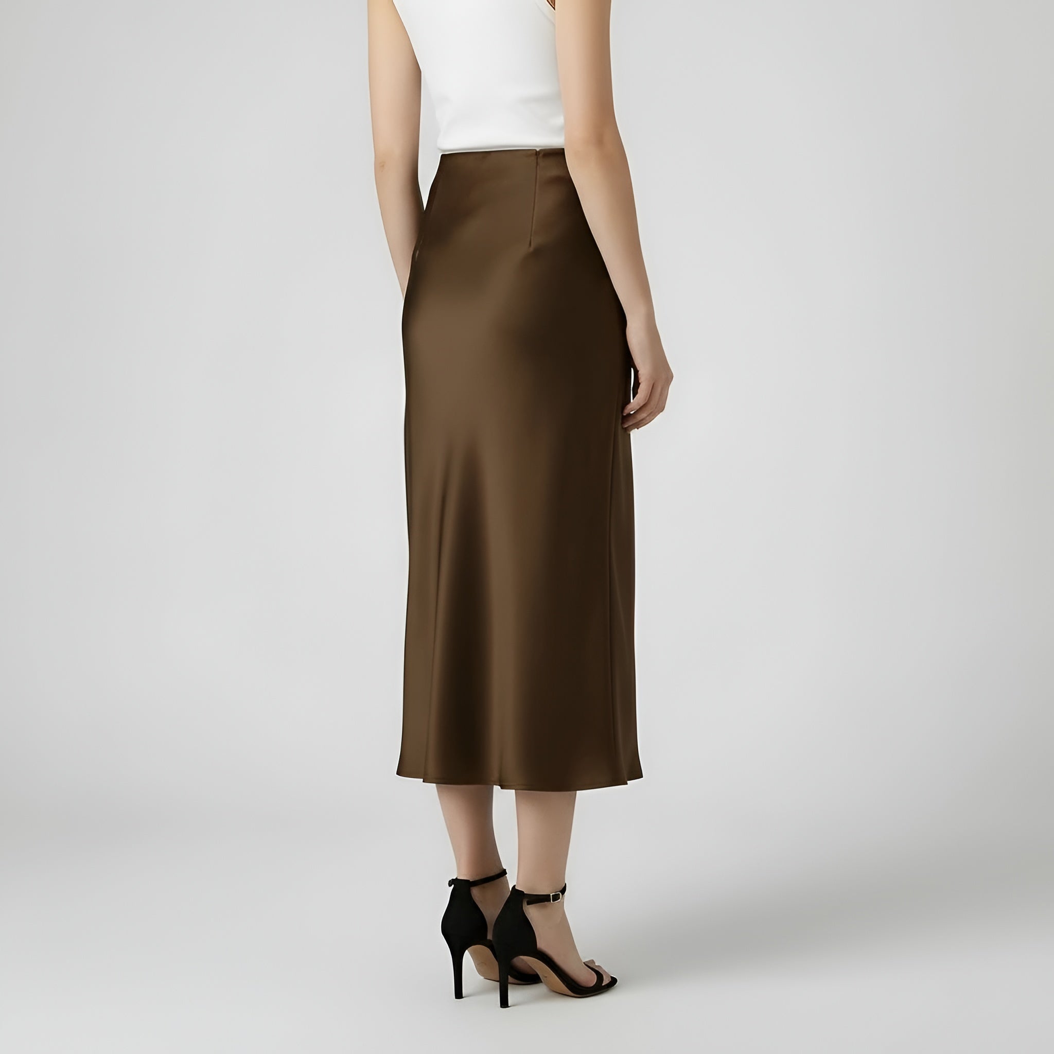 Saia midi elegante de cetim longo para senhora, cintura alta, aspeto seda