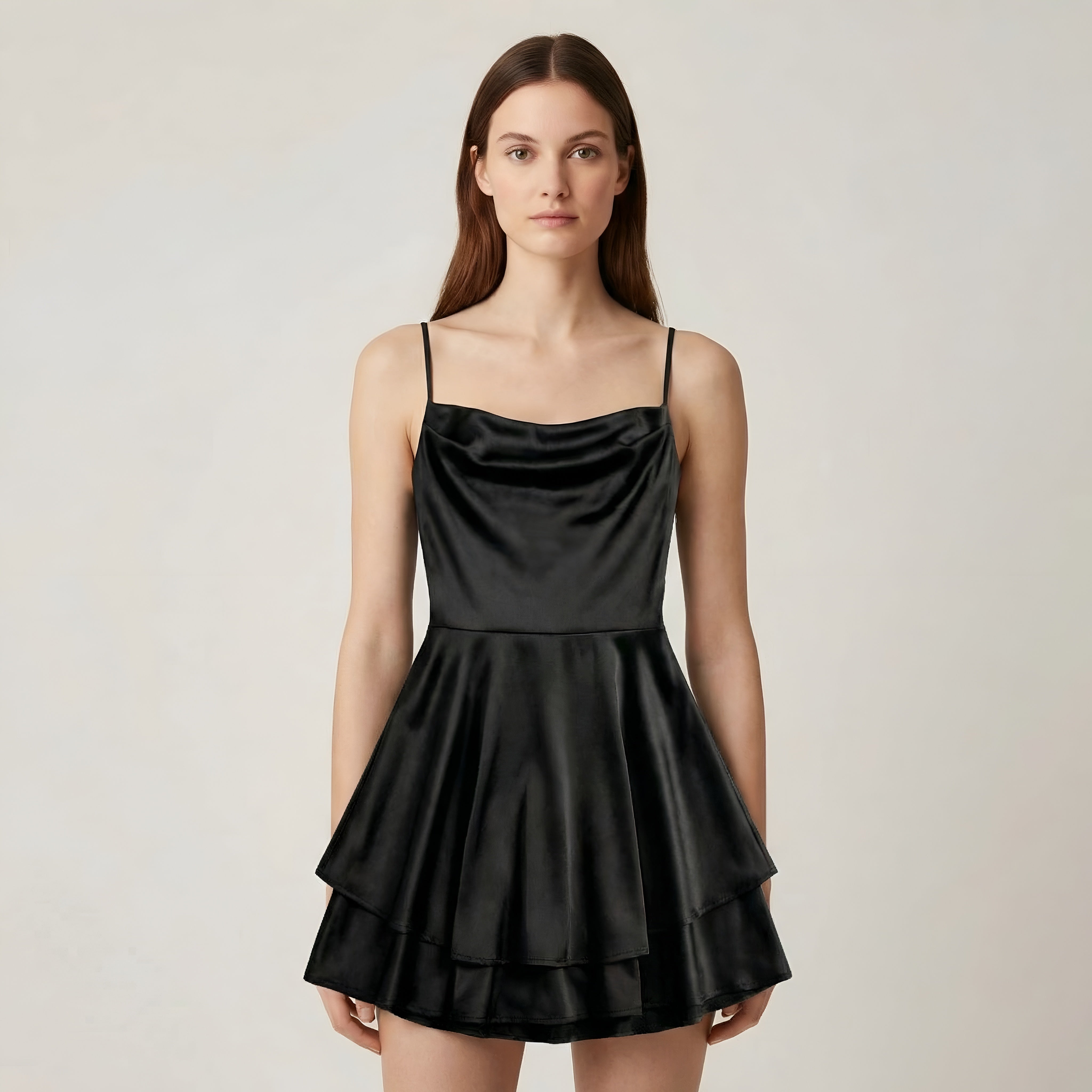 Sukienka satynowa damska na ramiączkach elegancka sukienka na przyjęcie z falbaną dopasowany krój