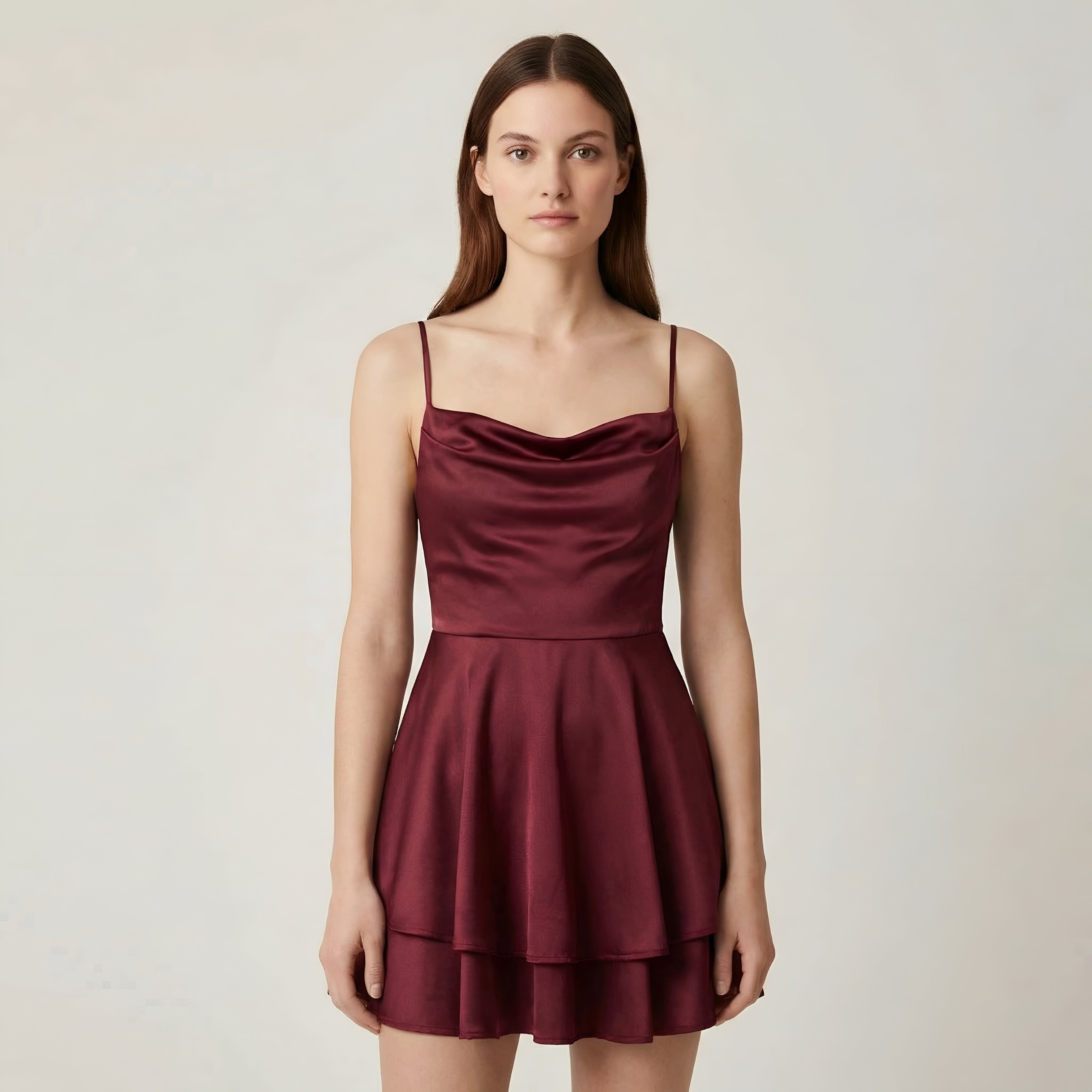 Vestido corto de satén para mujer con tirantes, vestido de fiesta elegante, falda con volantes, ajuste ceñido