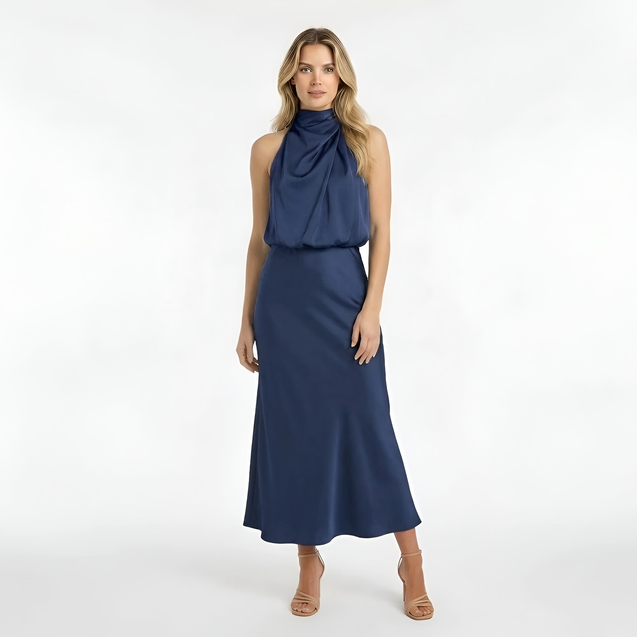 Lang satin kjole dame halterneck elegant festkjole løs overdel tætsiddende nederdel