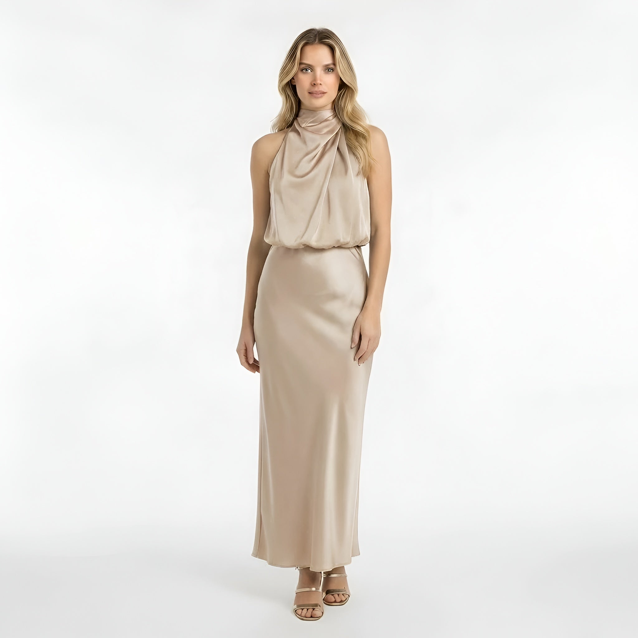 Lang satin kjole dame halterneck elegant festkjole løs overdel tætsiddende nederdel