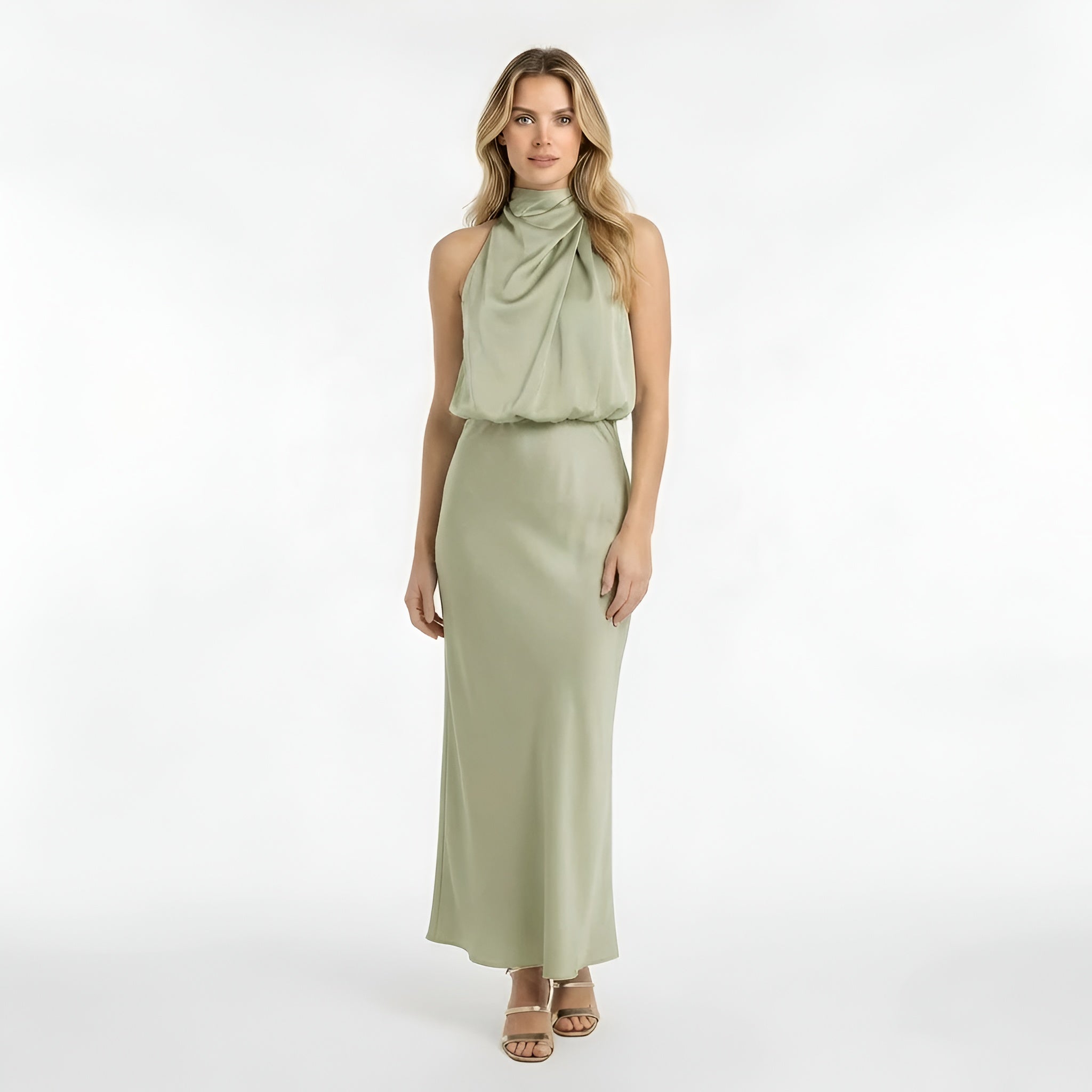 Lang satin kjole dame halterneck elegant festkjole løs overdel tætsiddende nederdel