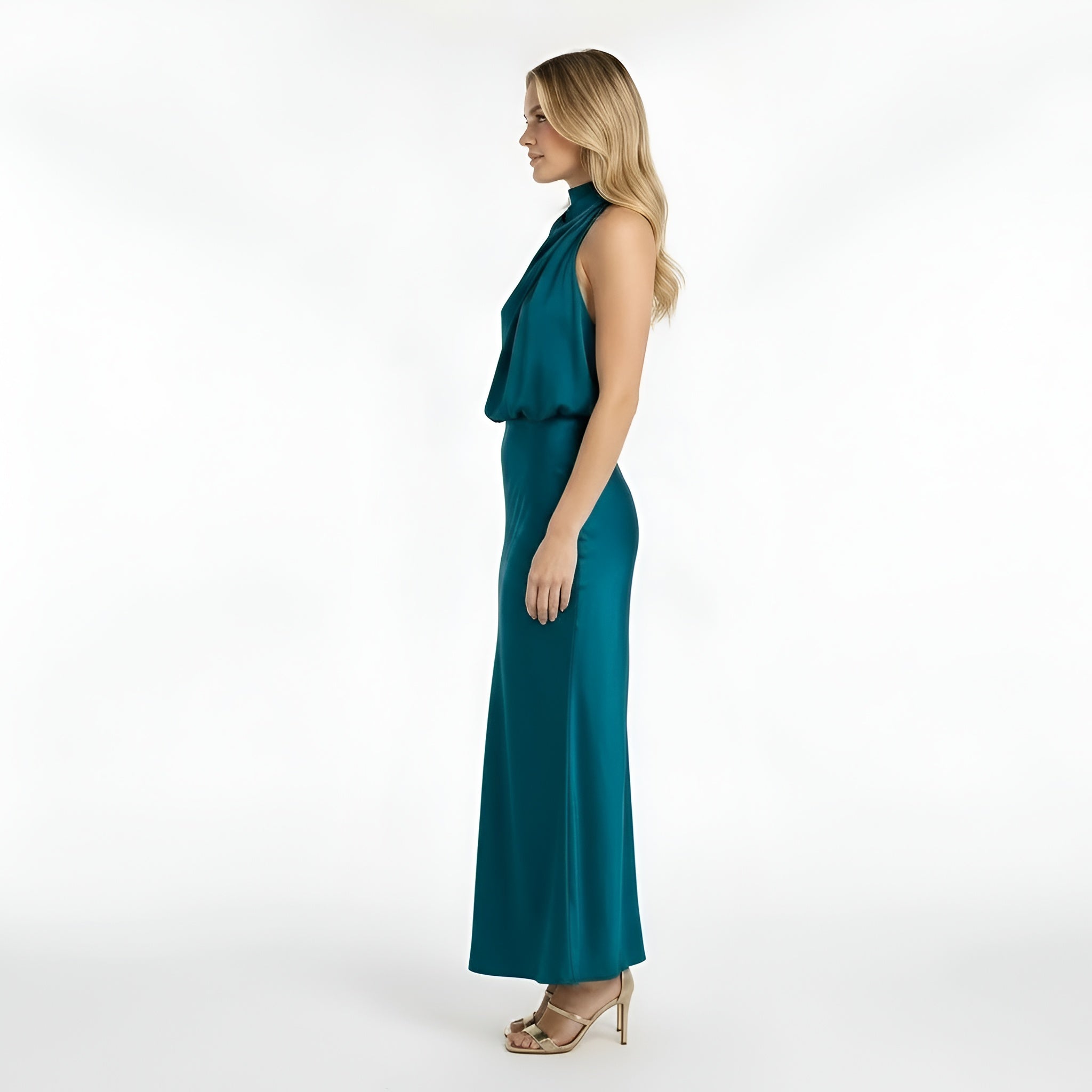 Lang satin kjole dame halterneck elegant festkjole løs overdel tætsiddende nederdel