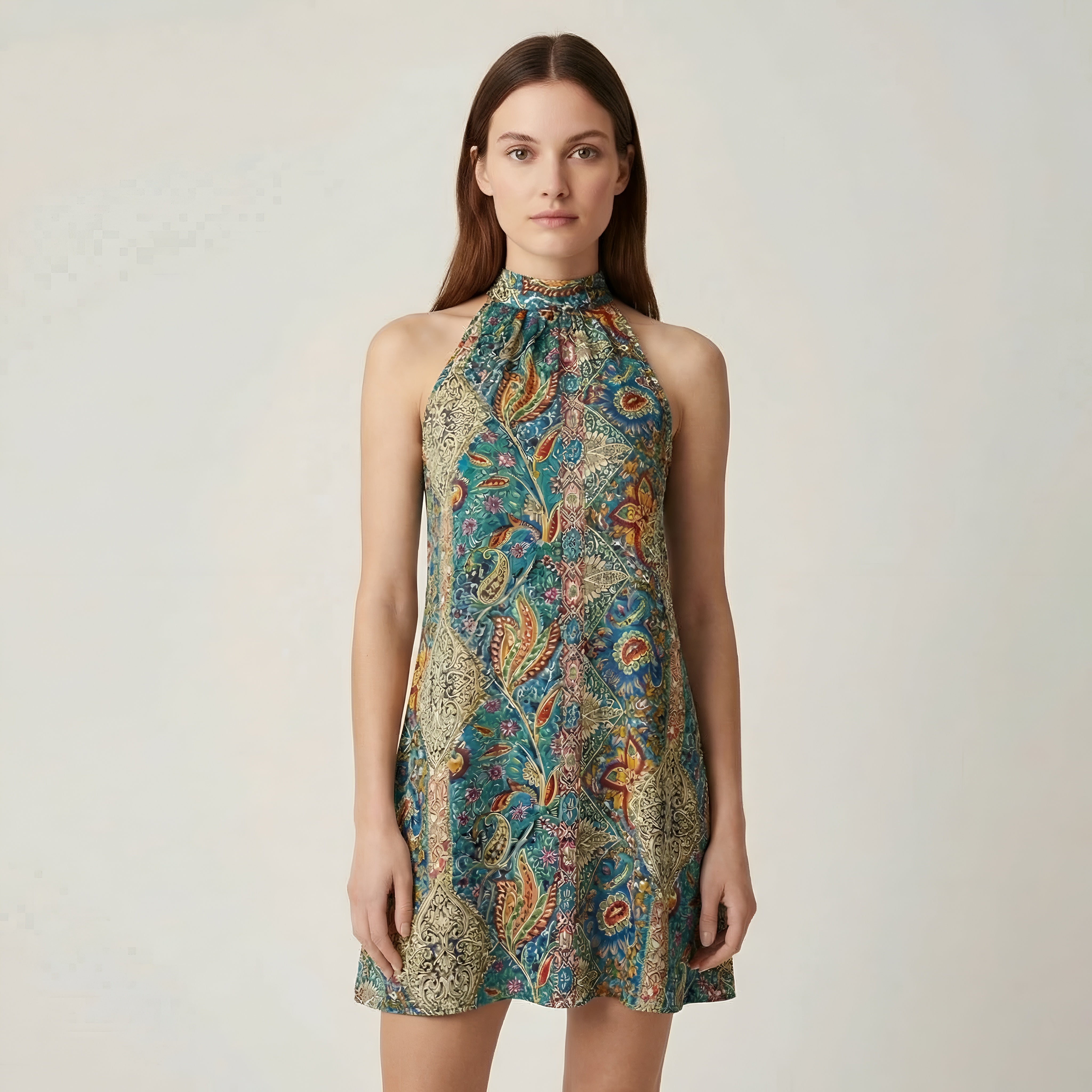 Vestido corto de mujer halter con estampado, vestido de verano sin mangas, ajuste holgado, vestido casual