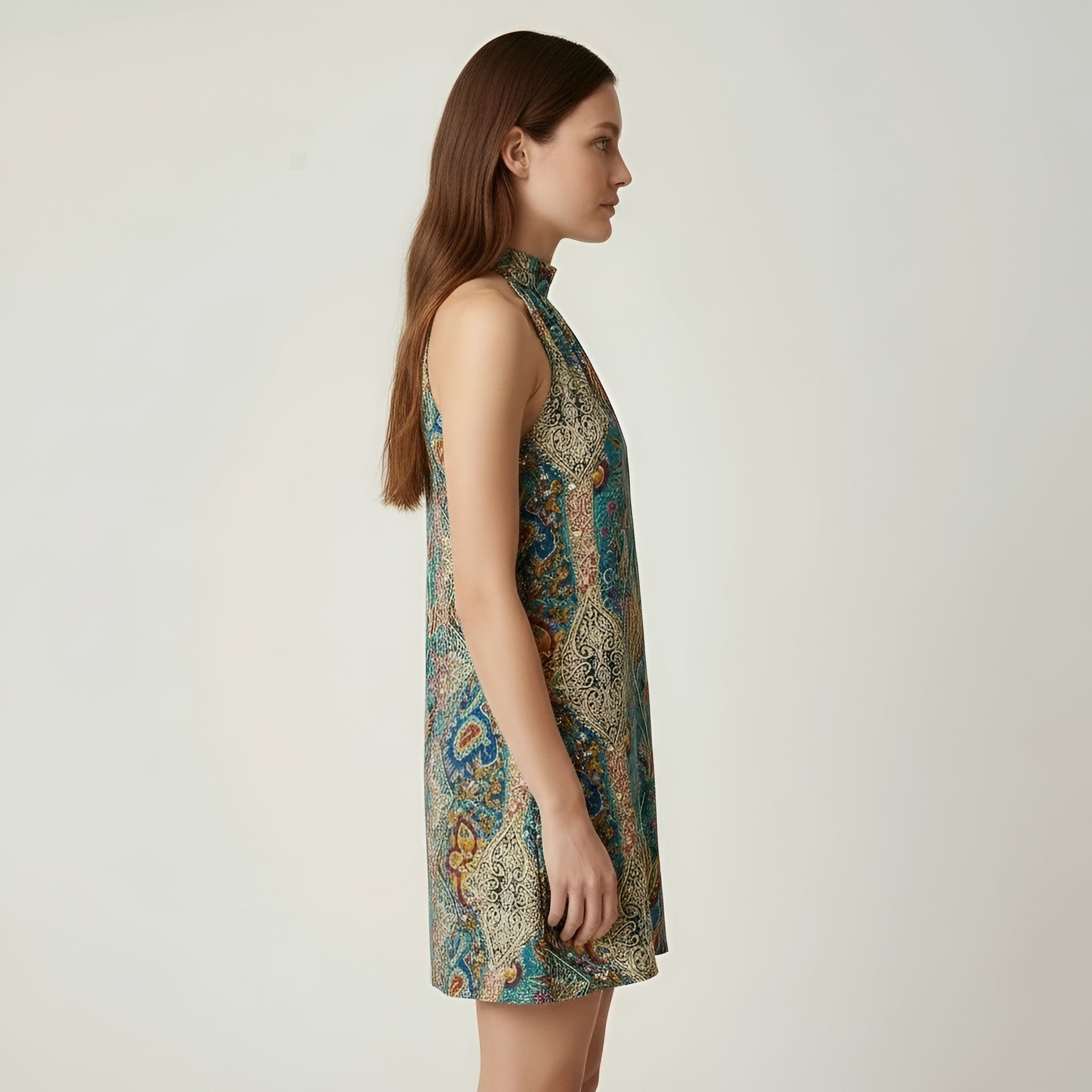 Krótka sukienka damska halter z nadrukiem, bezrękawnik, letnia sukienka o luźnym kroju, sukienka casualowa