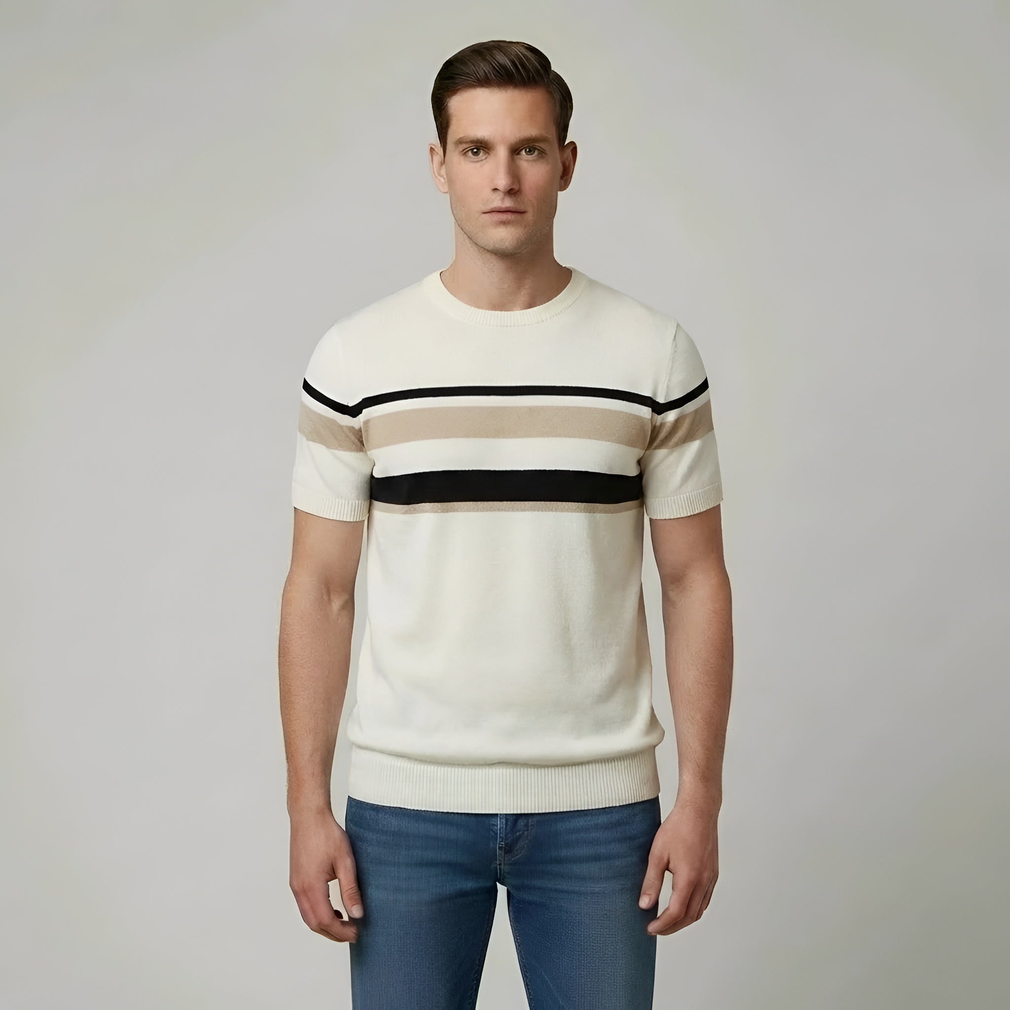 T-shirt de malha masculina em algodão, manga curta, riscas, gola redonda, corte casual