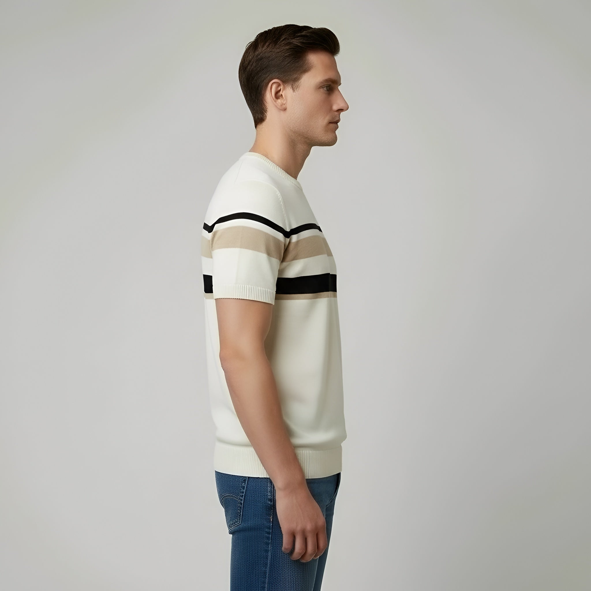 Camiseta de punto para hombre, algodón, manga corta, camiseta a rayas, cuello redondo, ajuste casual