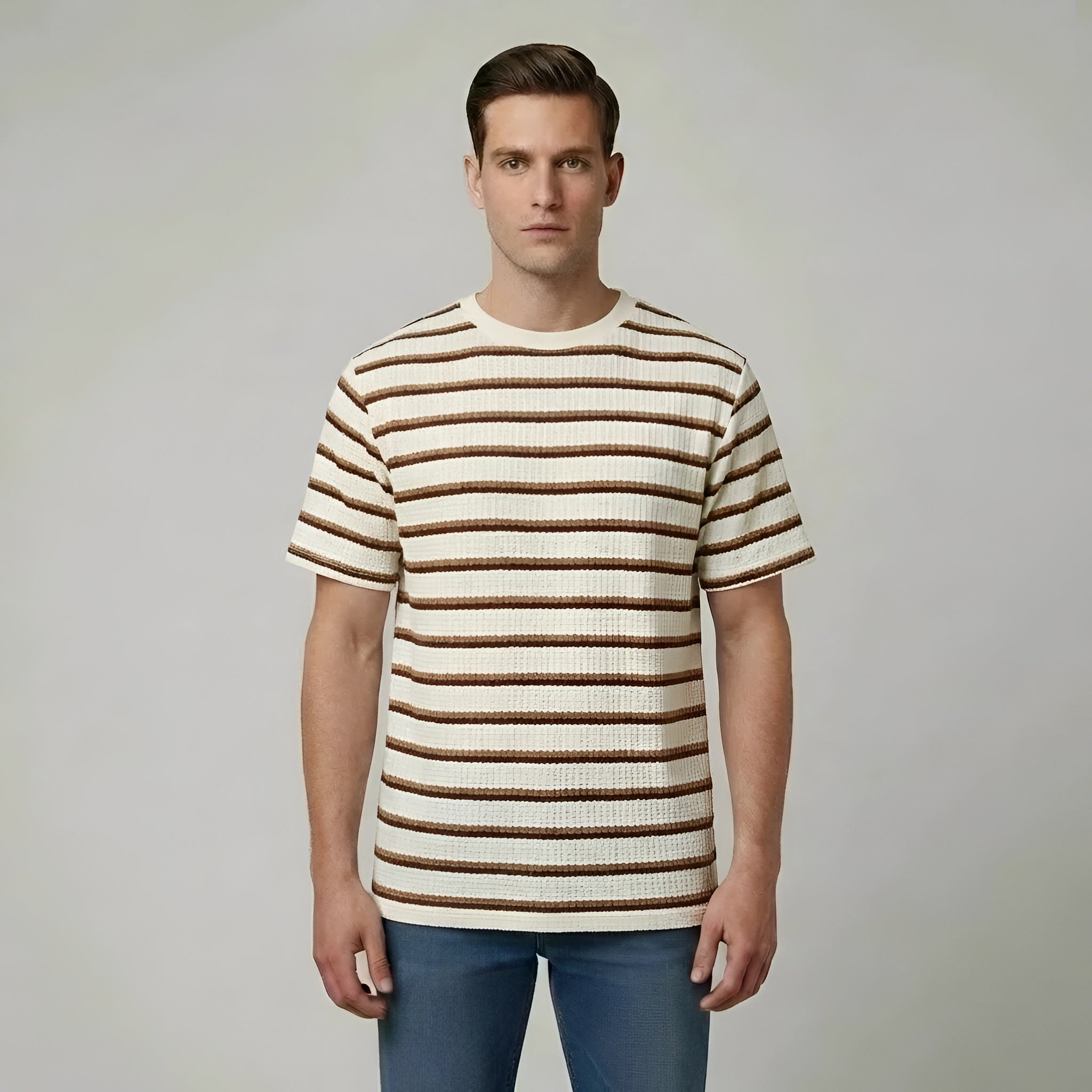 T-shirt de algodão às riscas para homem, manga curta, gola redonda, casual, corte regular