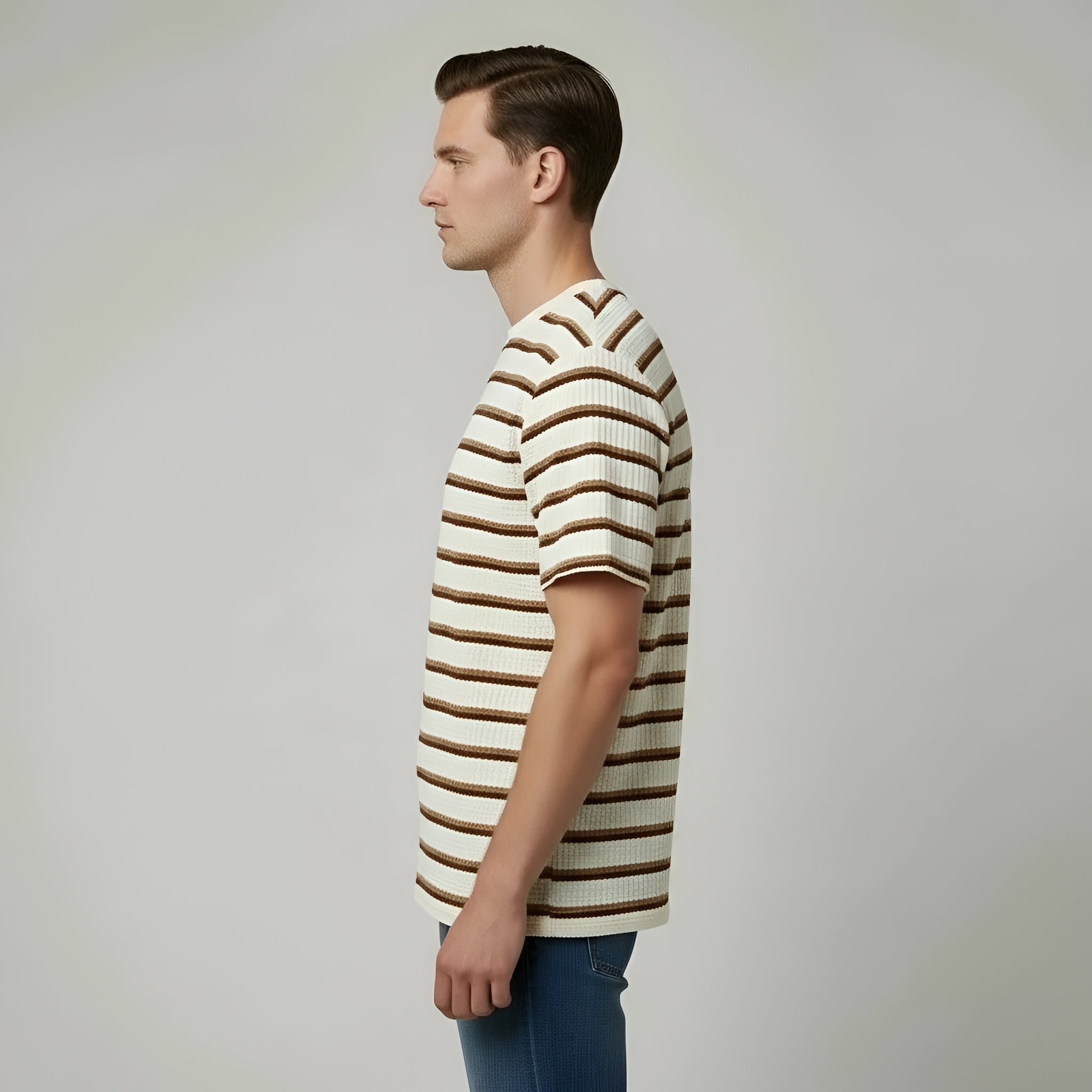 Camiseta de hombre a rayas, algodón, manga corta, cuello redondo, casual, ajuste regular