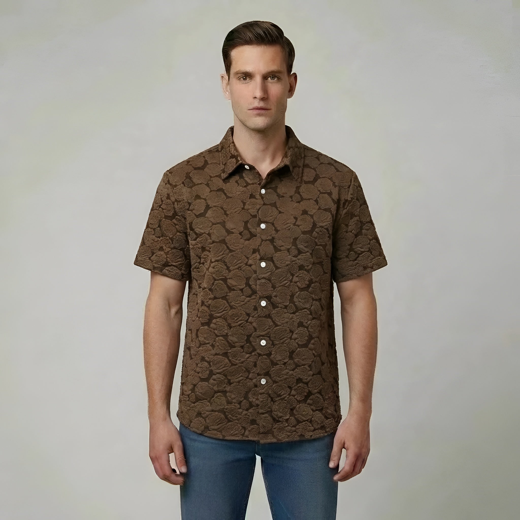 Camisa de homem de manga curta em algodão com estampado, camisa casual com botões, corte regular