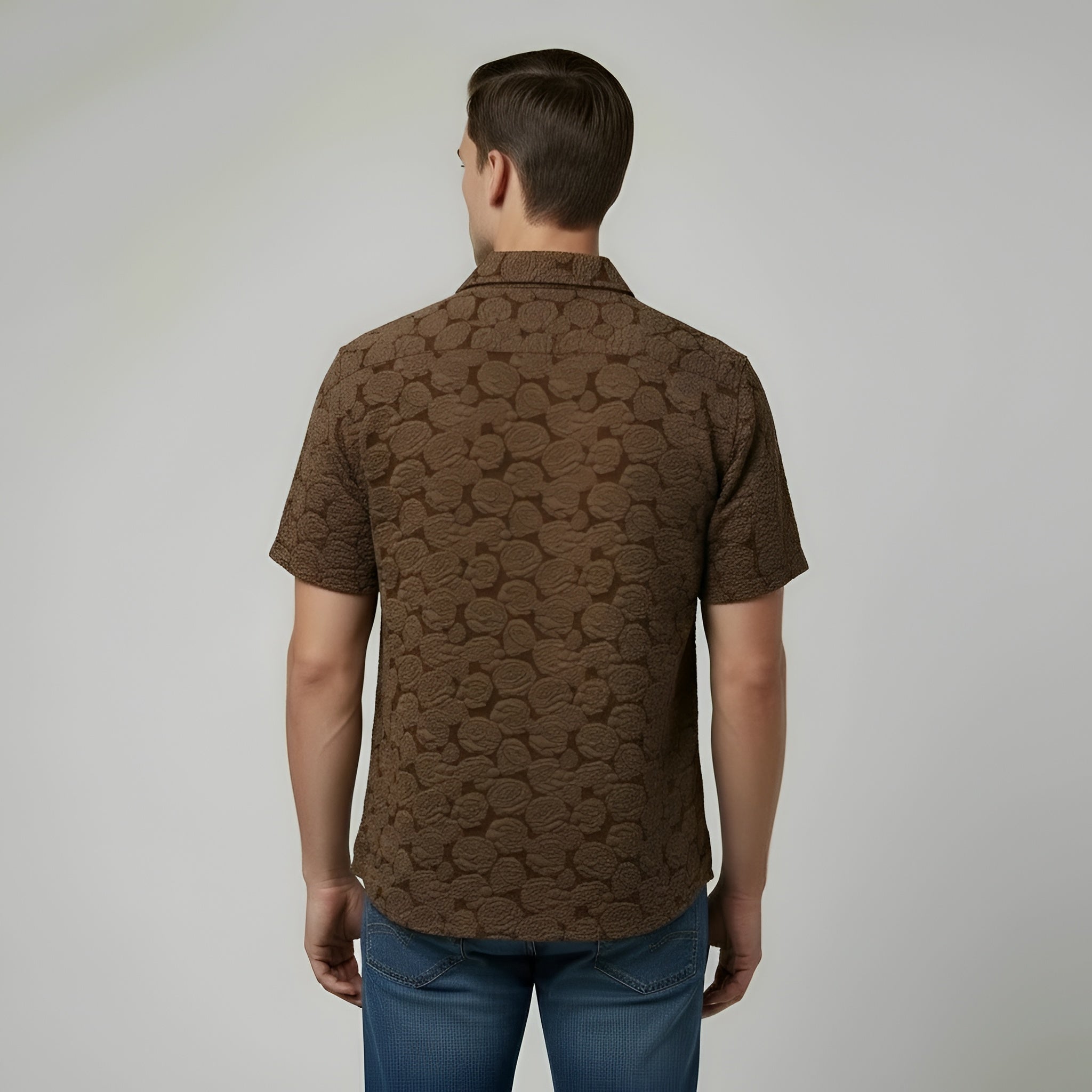 Camisa de hombre de algodón de manga corta con estampado, camisa casual abotonada, corte regular