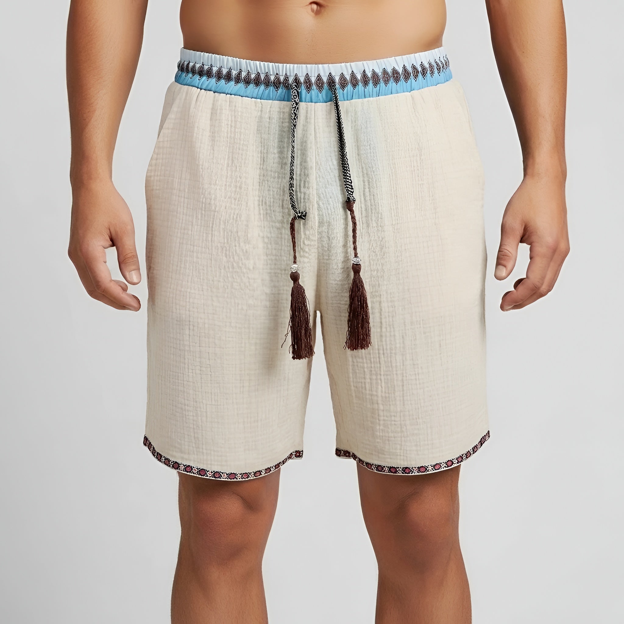 Calções de algodão para homem com cordão elástico na cintura, calções casuais de verão, corte largo