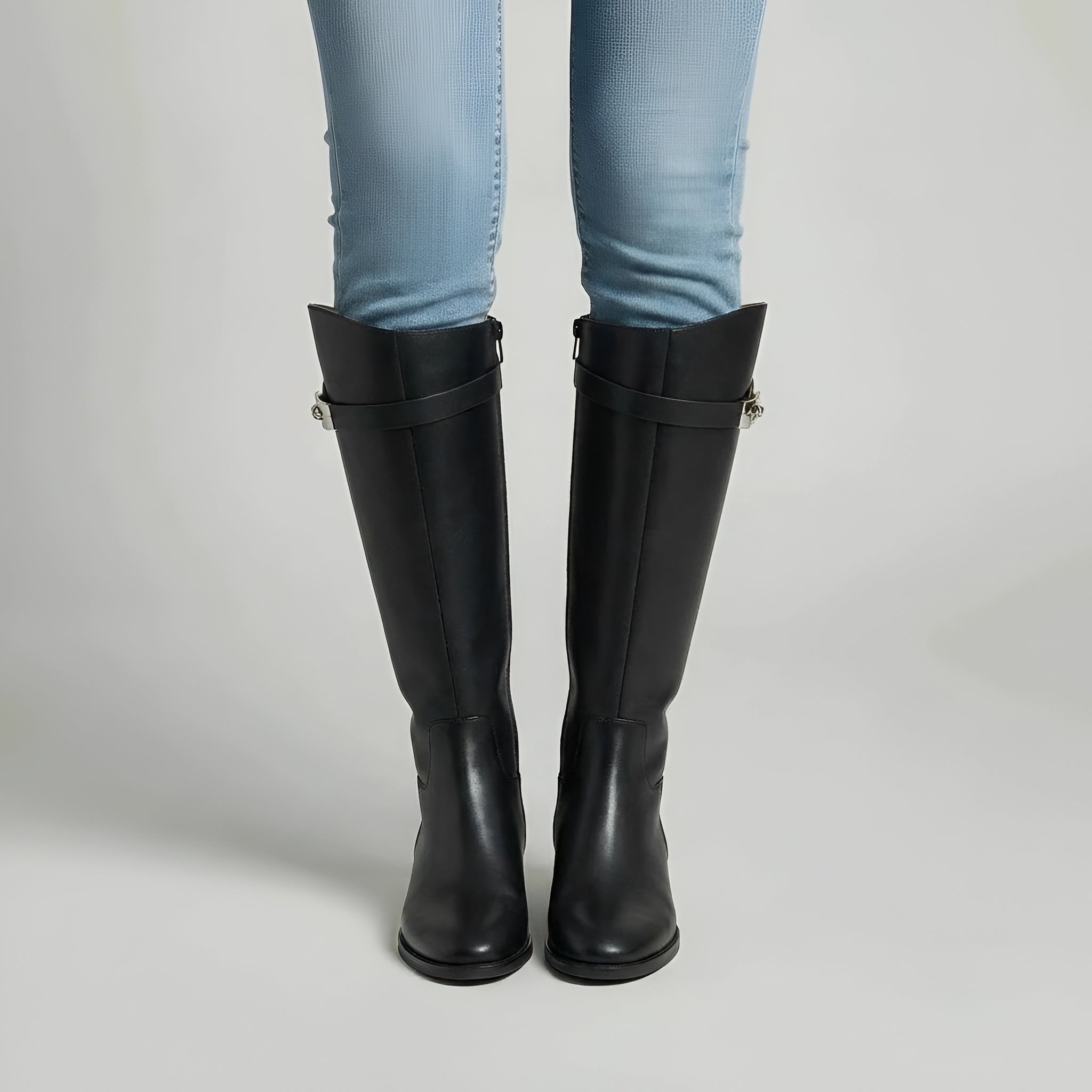 Botas altas até ao joelho em imitação de pele com fivela e fecho éclair, botas longas clássicas