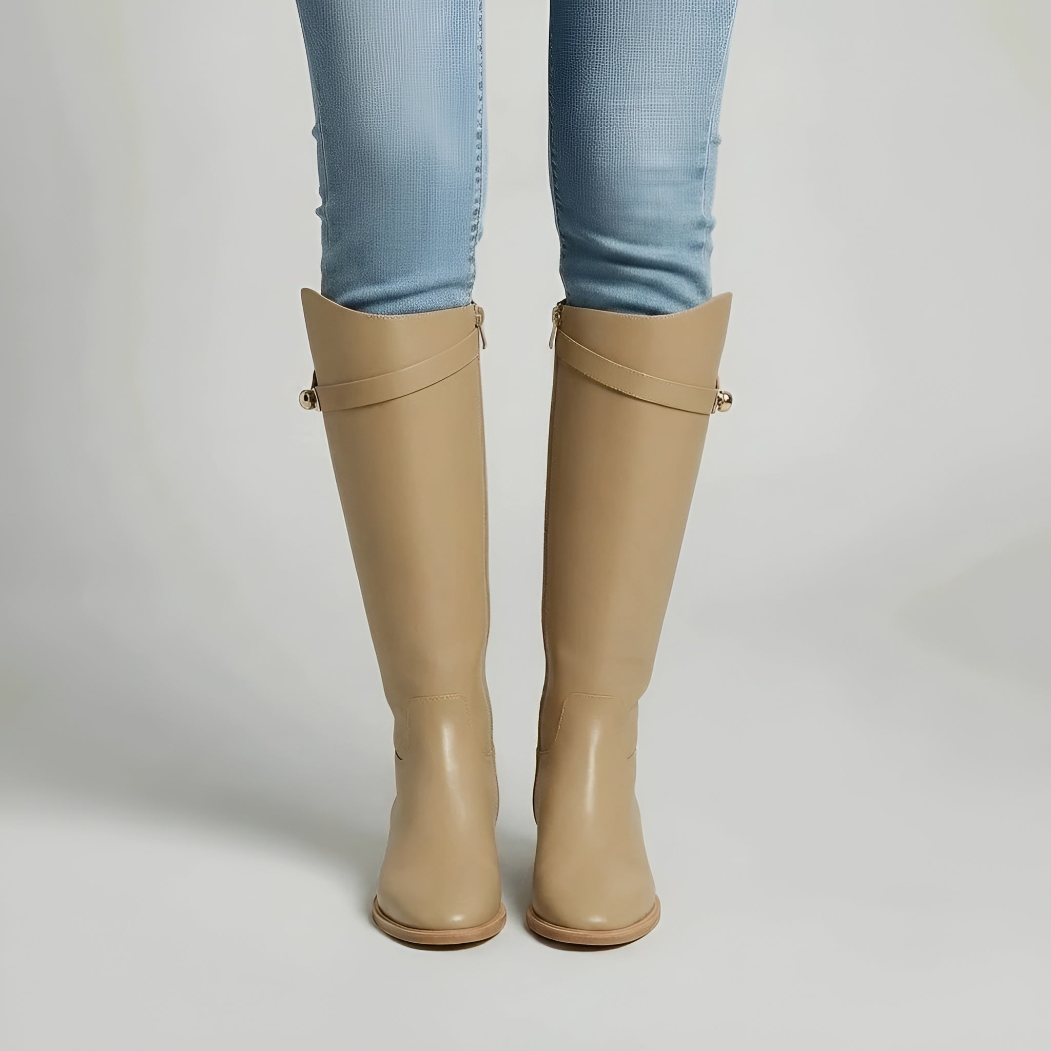 Botas altas até ao joelho em imitação de pele com fivela e fecho éclair, botas longas clássicas