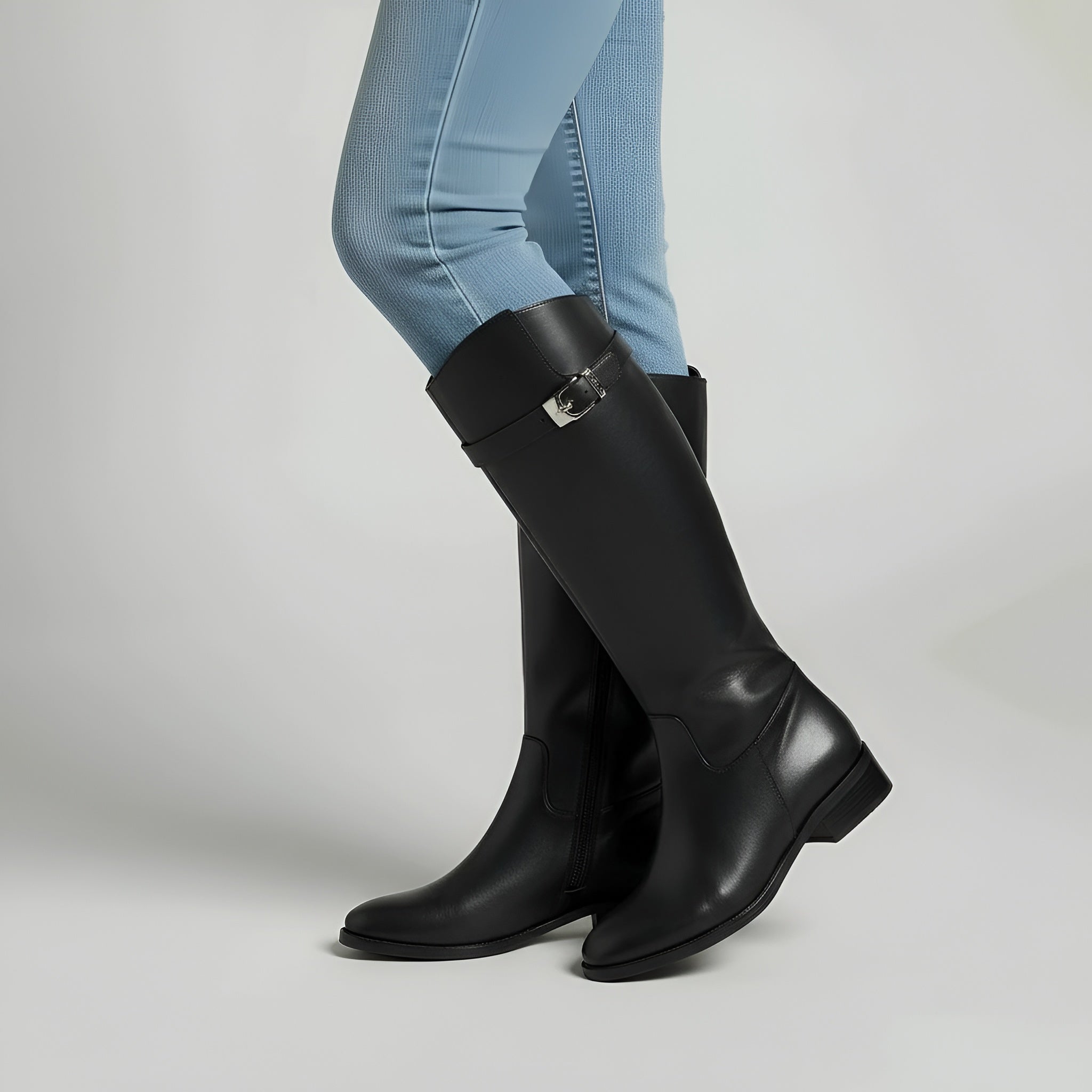 Botas altas até ao joelho em imitação de pele com fivela e fecho éclair, botas longas clássicas