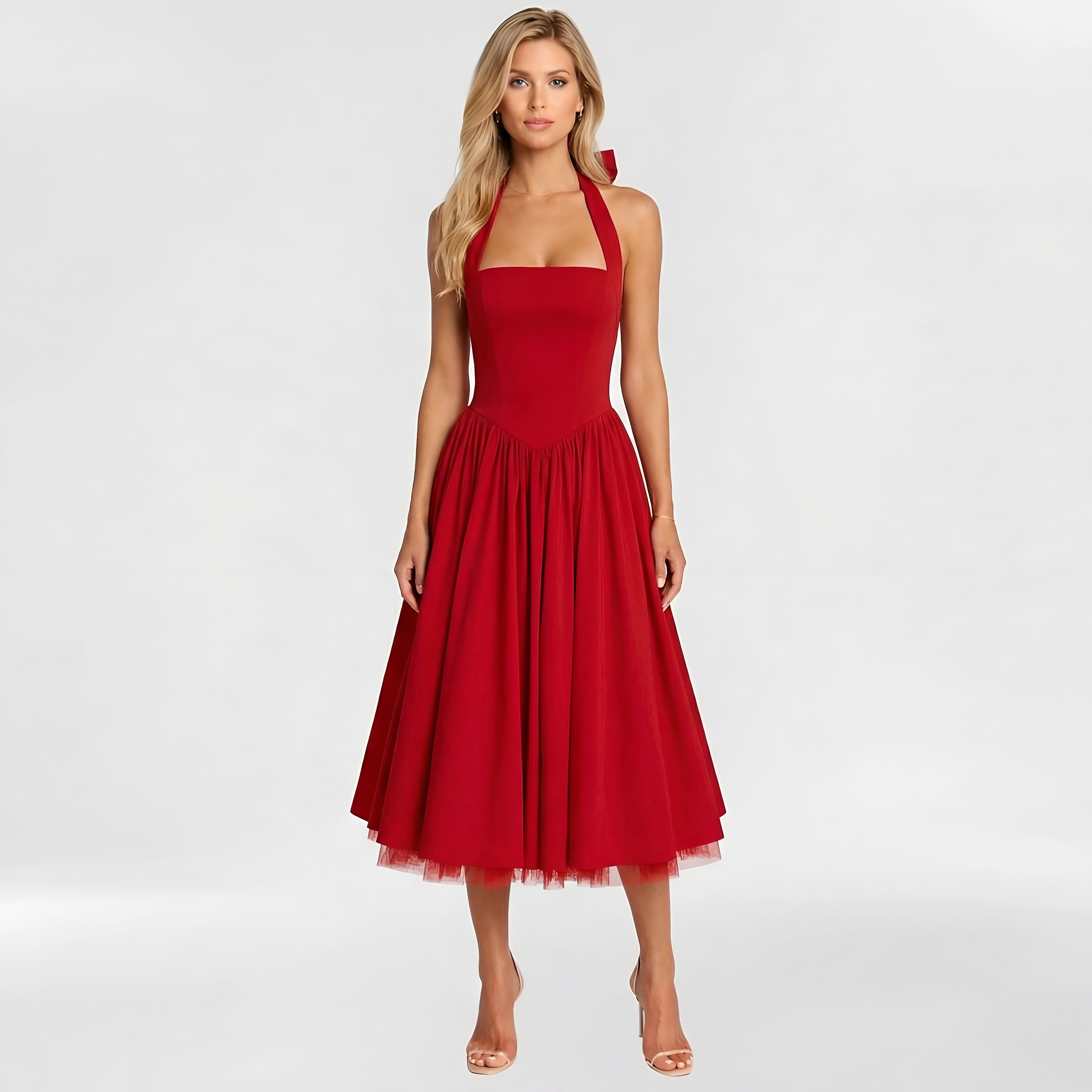 Dámské midi šaty s halter výstřihem a áčkovým střihem, elegantní společenské šaty pro ženy