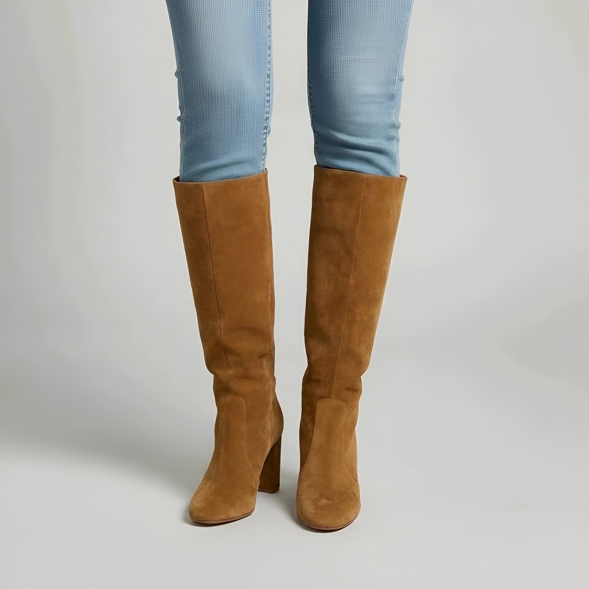 Botas altas até ao joelho com salto bloco e biqueira redonda, botas elegantes altas para mulher