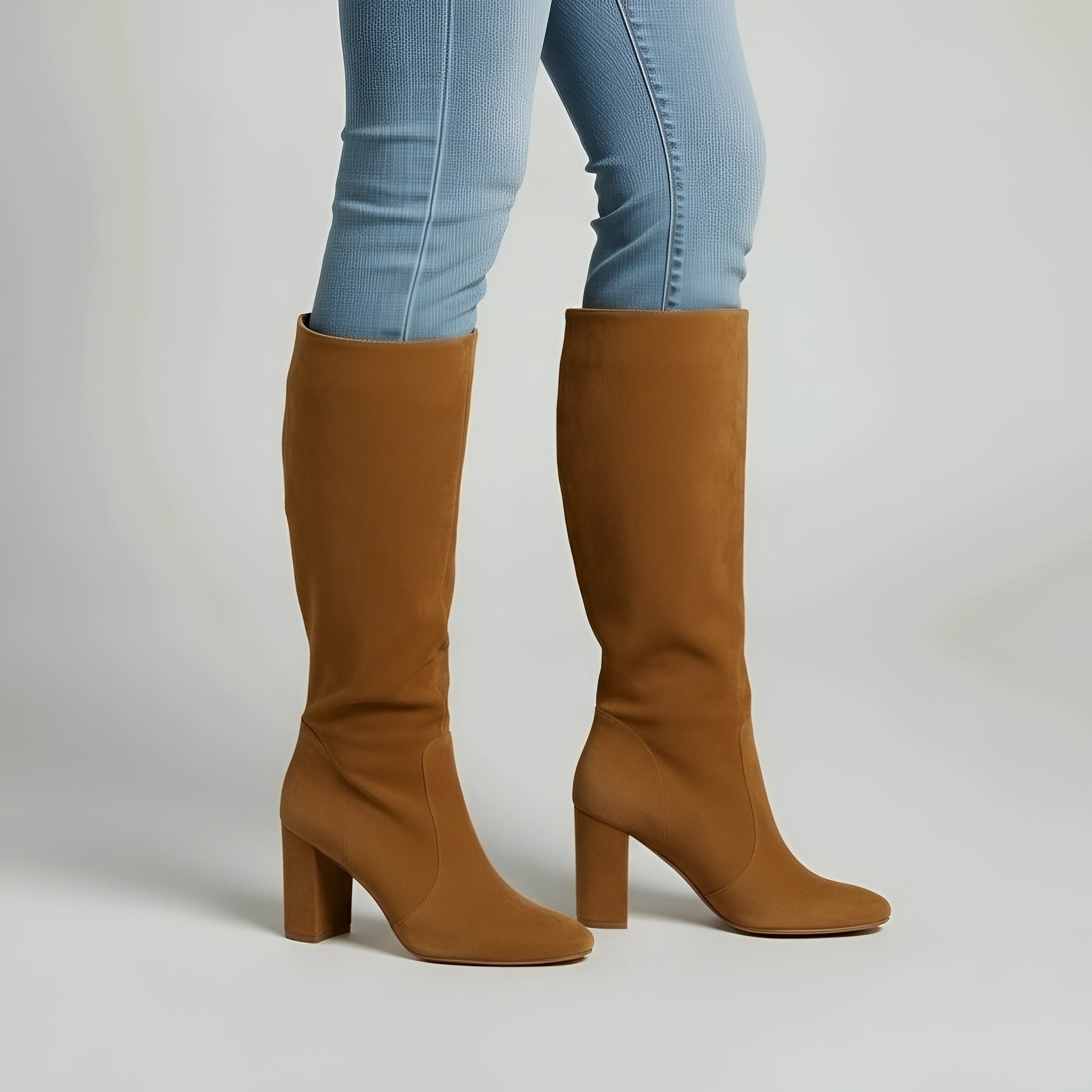 Dame knæhøje støvler med blokhæl og rund tå, elegante høje støvler til kvinder