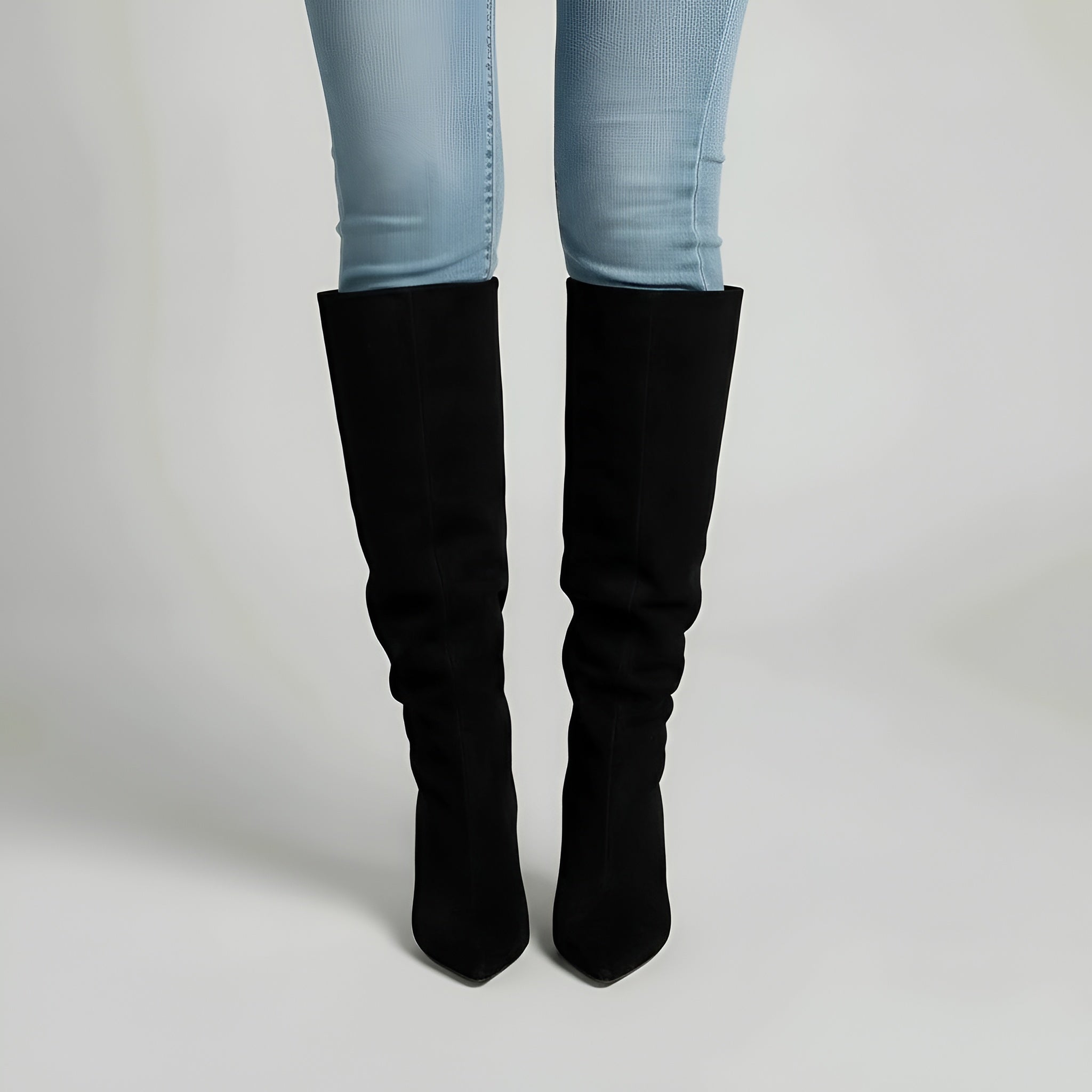 Botas altas até ao joelho com biqueira pontiaguda e salto alto, elegantes botas compridas para mulher