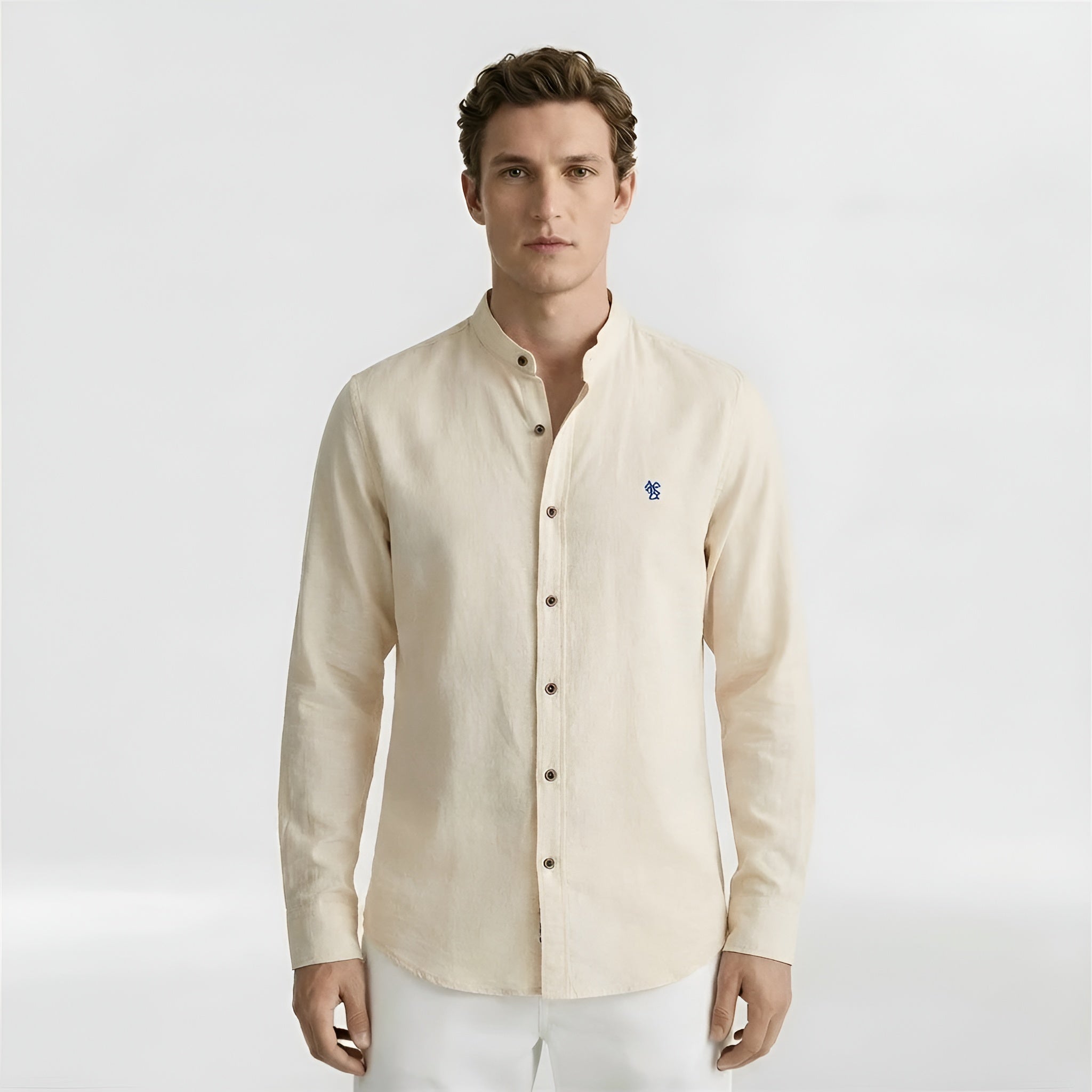 Pánská bavlněná košile s mandarínským límcem, klasická košile s dlouhým rukávem na každodenní nošení a do práce