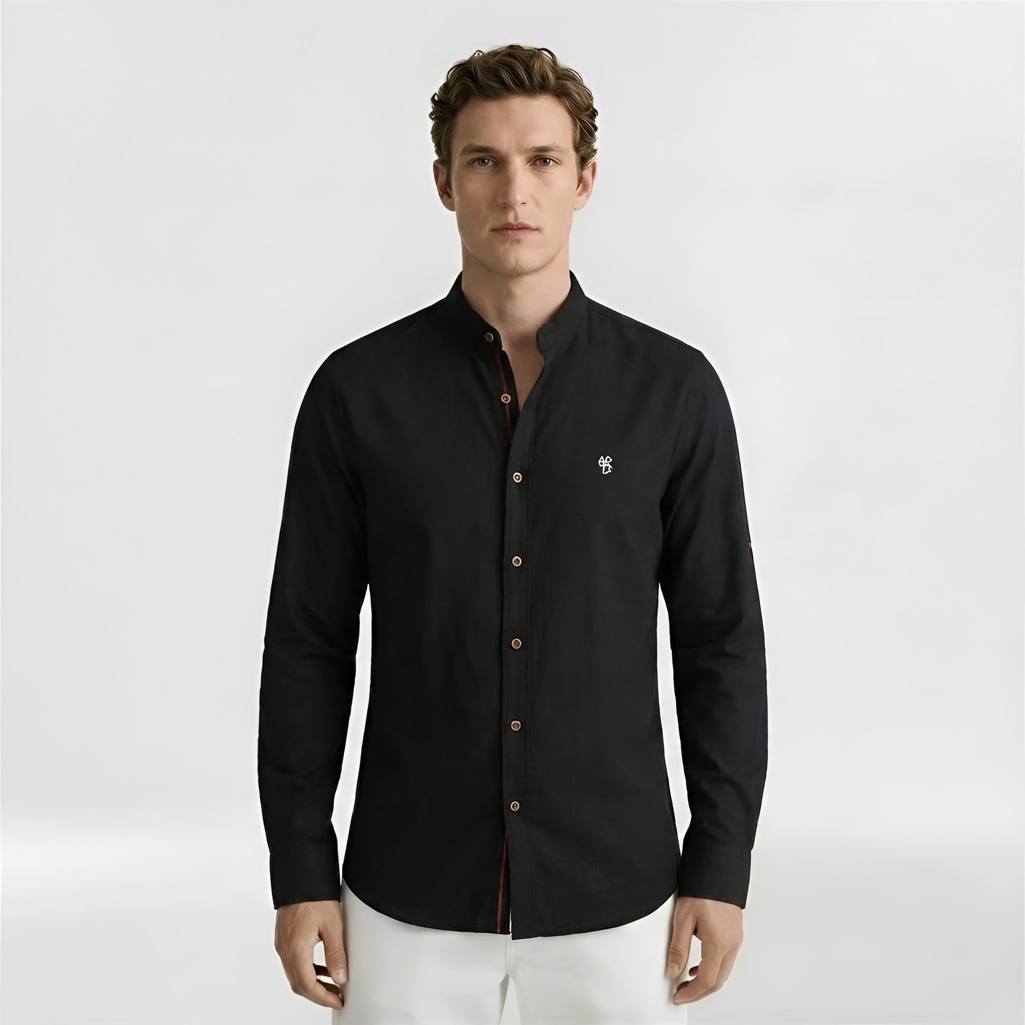 Pánská bavlněná košile s mandarínským límcem, klasická košile s dlouhým rukávem na každodenní nošení a do práce