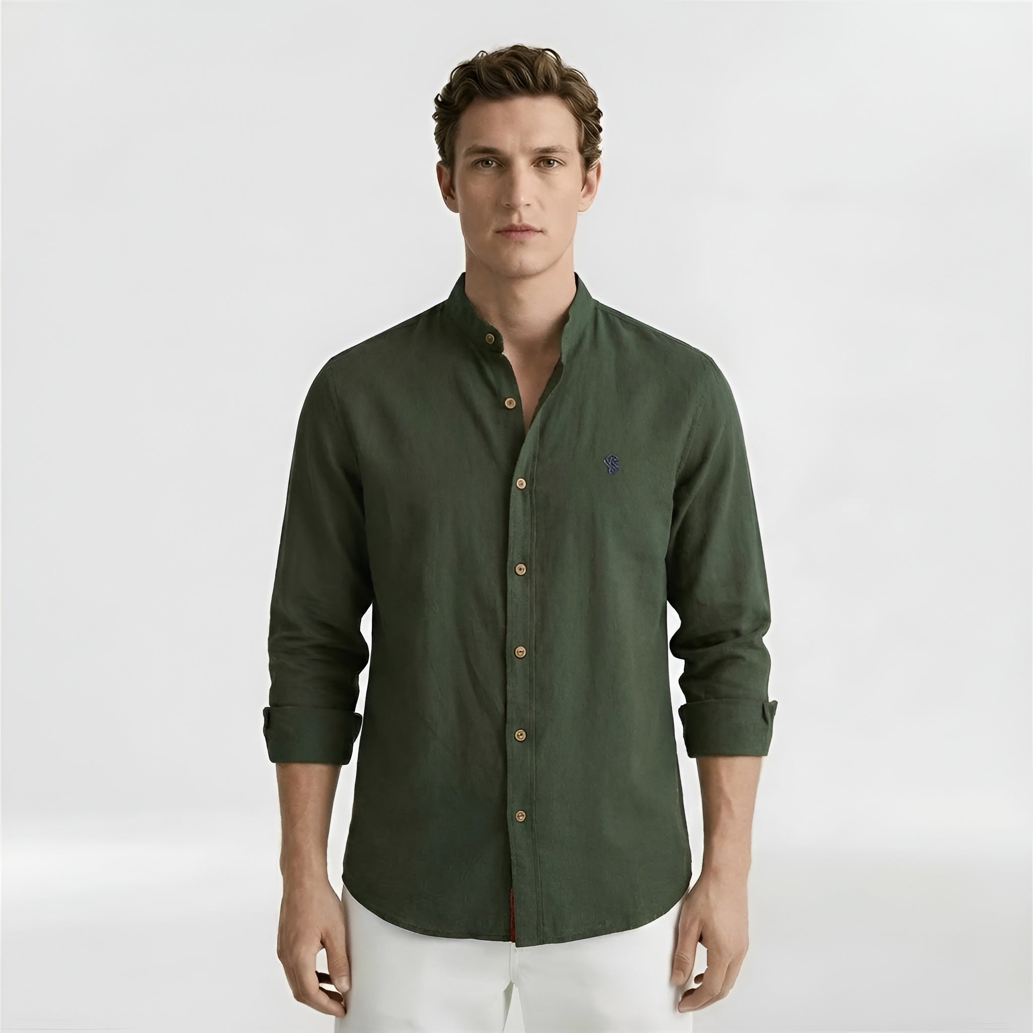 Chemise homme en coton avec col mao, chemise classique à manches longues pour le quotidien et le travail