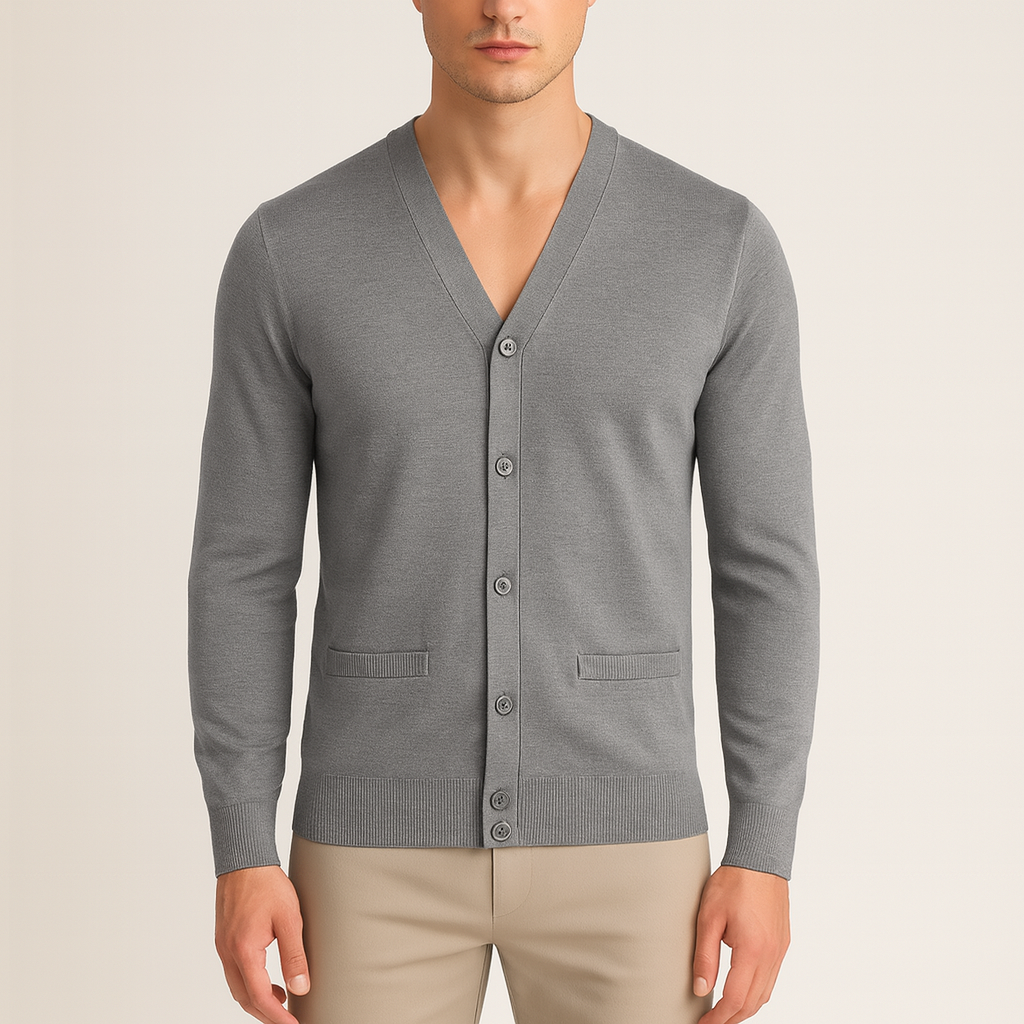 Bellivaro herre cardigan i bomuld – klassisk V-neck strik til hverdag og arbejde
