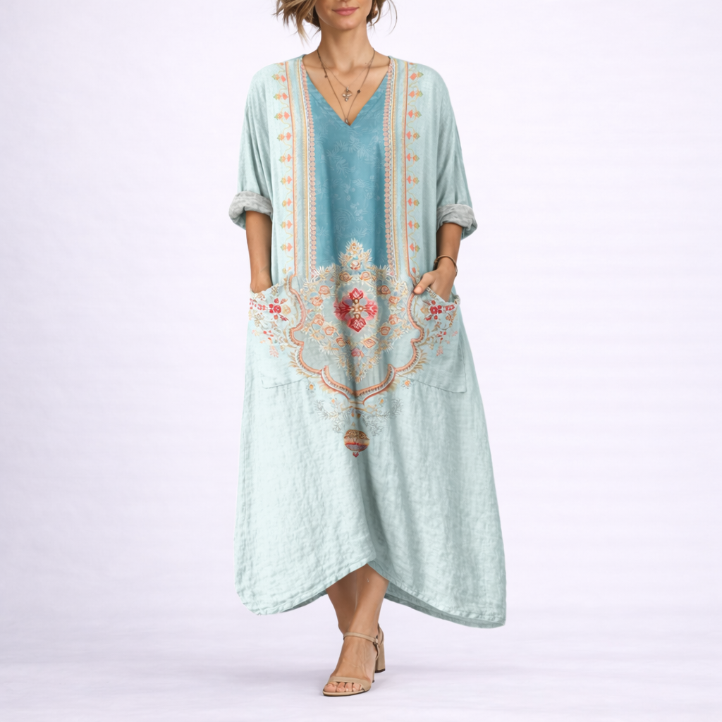 Boheme Kaftan Kjole til Dame med Løs Pasform og Midi Længde