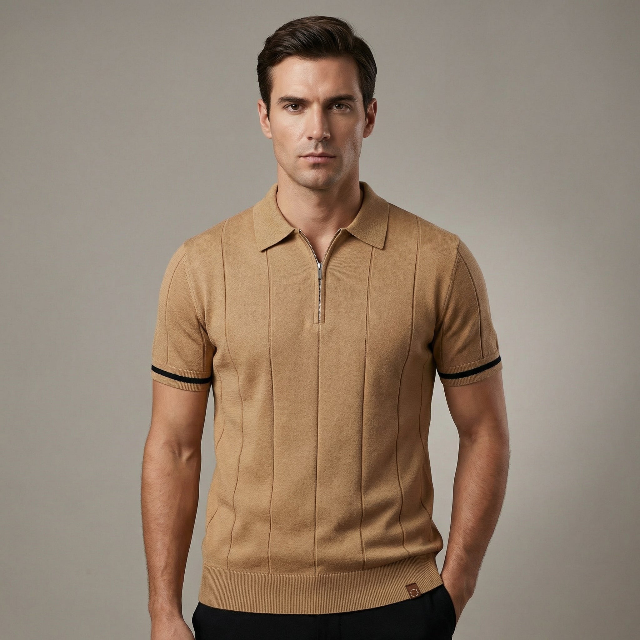 Polo dinâmico para homem com fecho e mangas curtas – riscas verticais