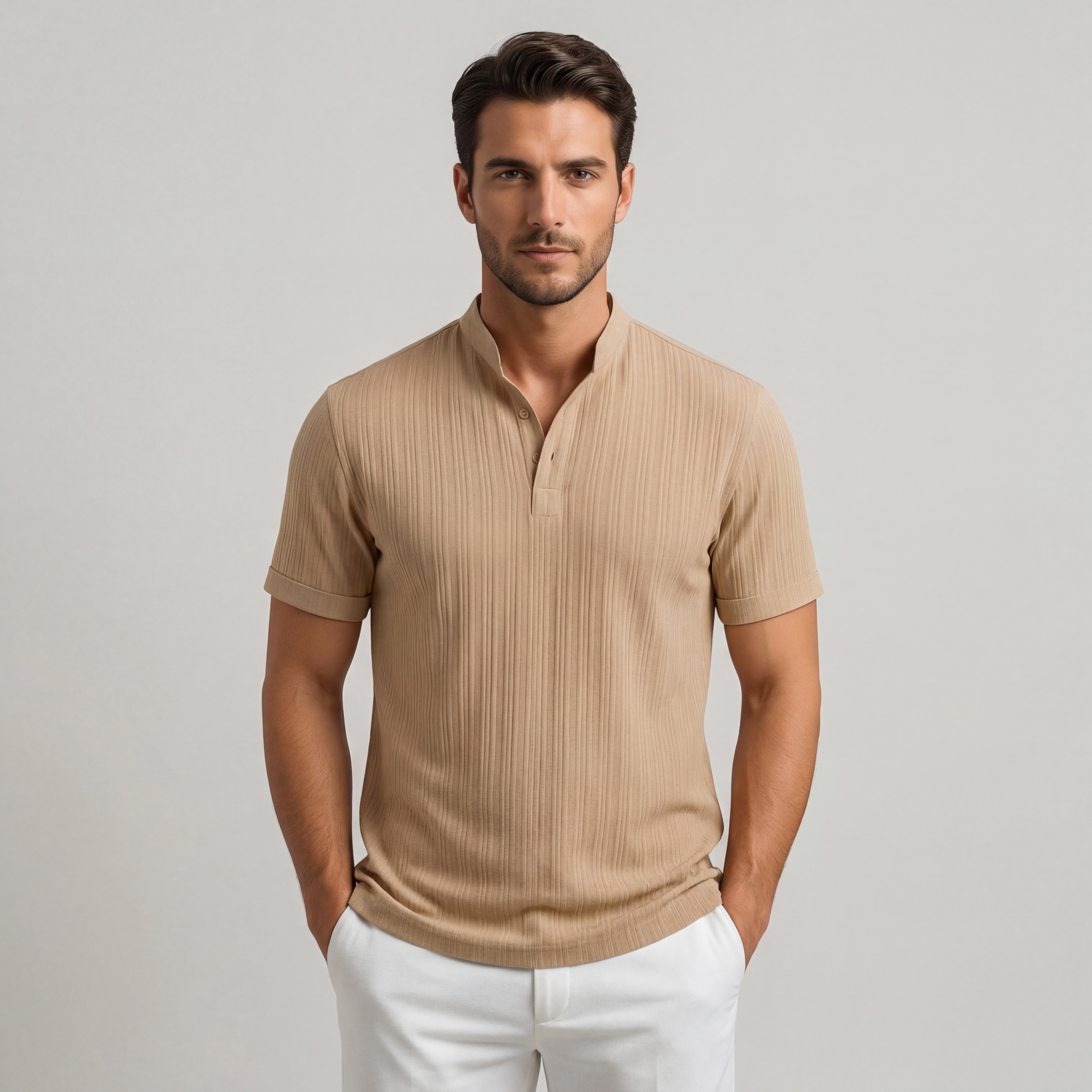 Chemise composée homme manches courtes lin rayé col mao