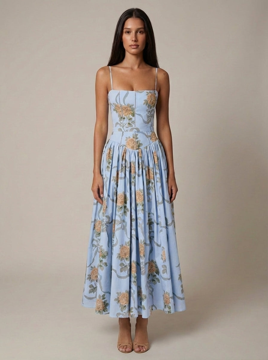 Dame Midikjole med Blomsterprint og Korsetliv