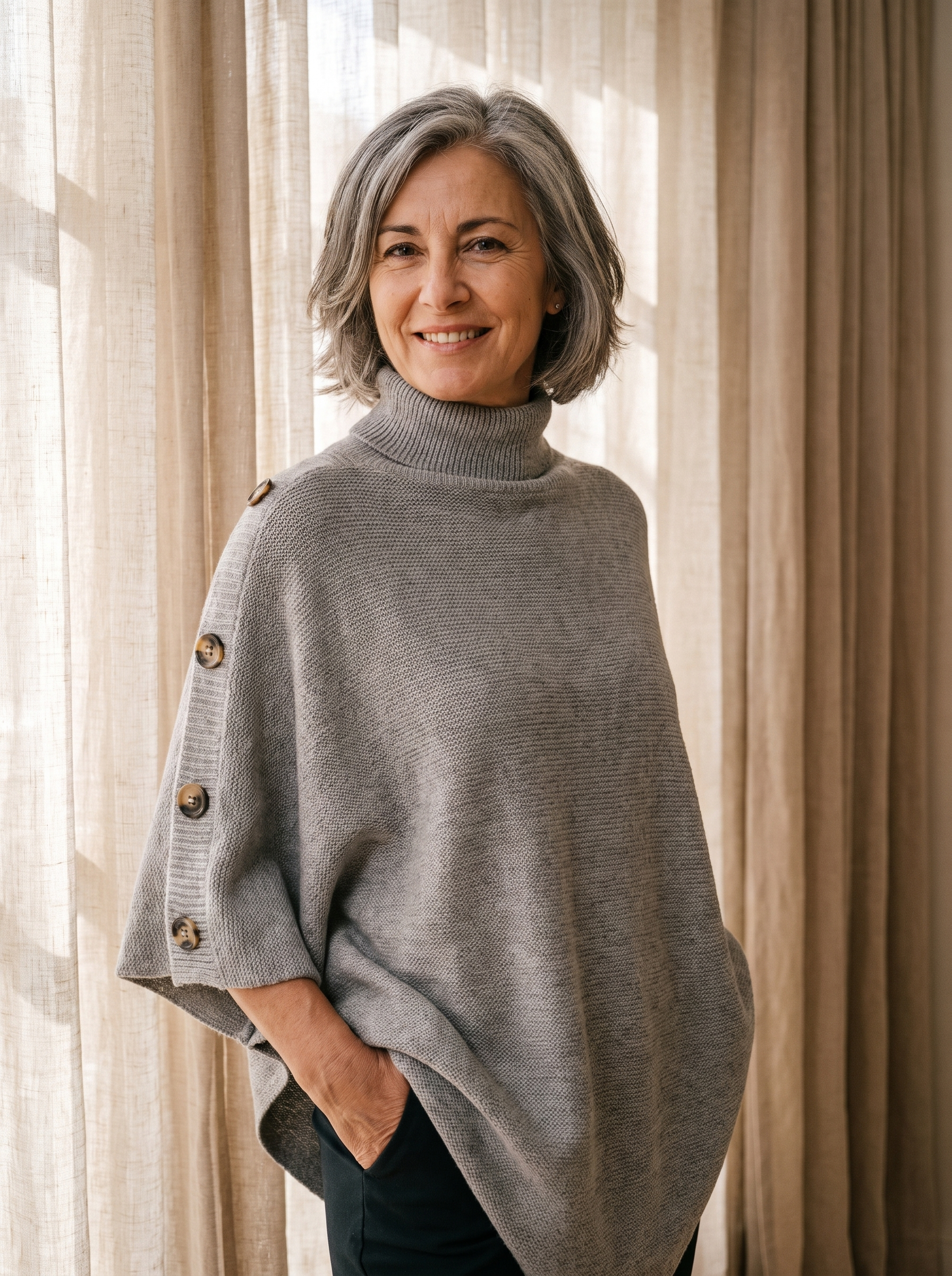 Strikket Poncho til Kvinder med Sideknapper