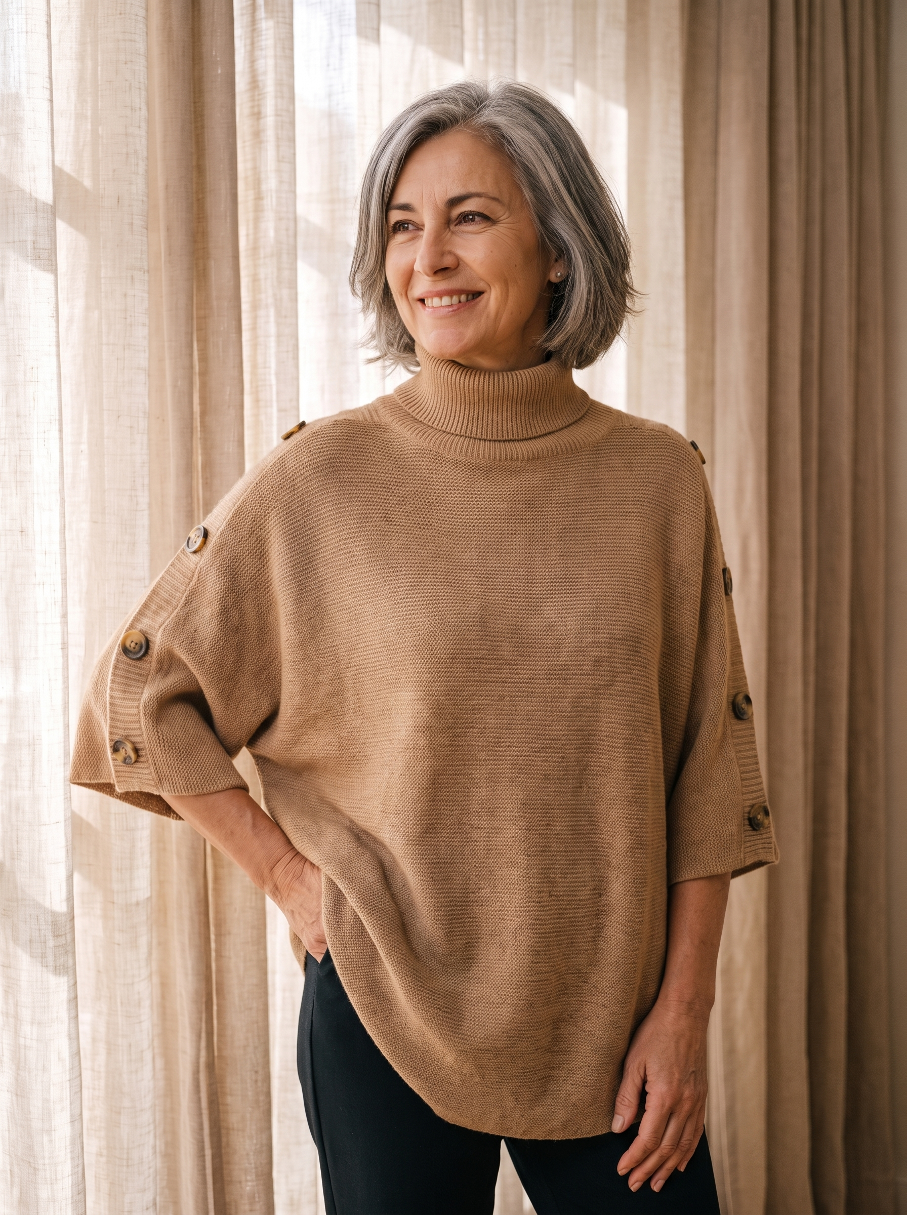 Strikket Poncho til Kvinder med Sideknapper
