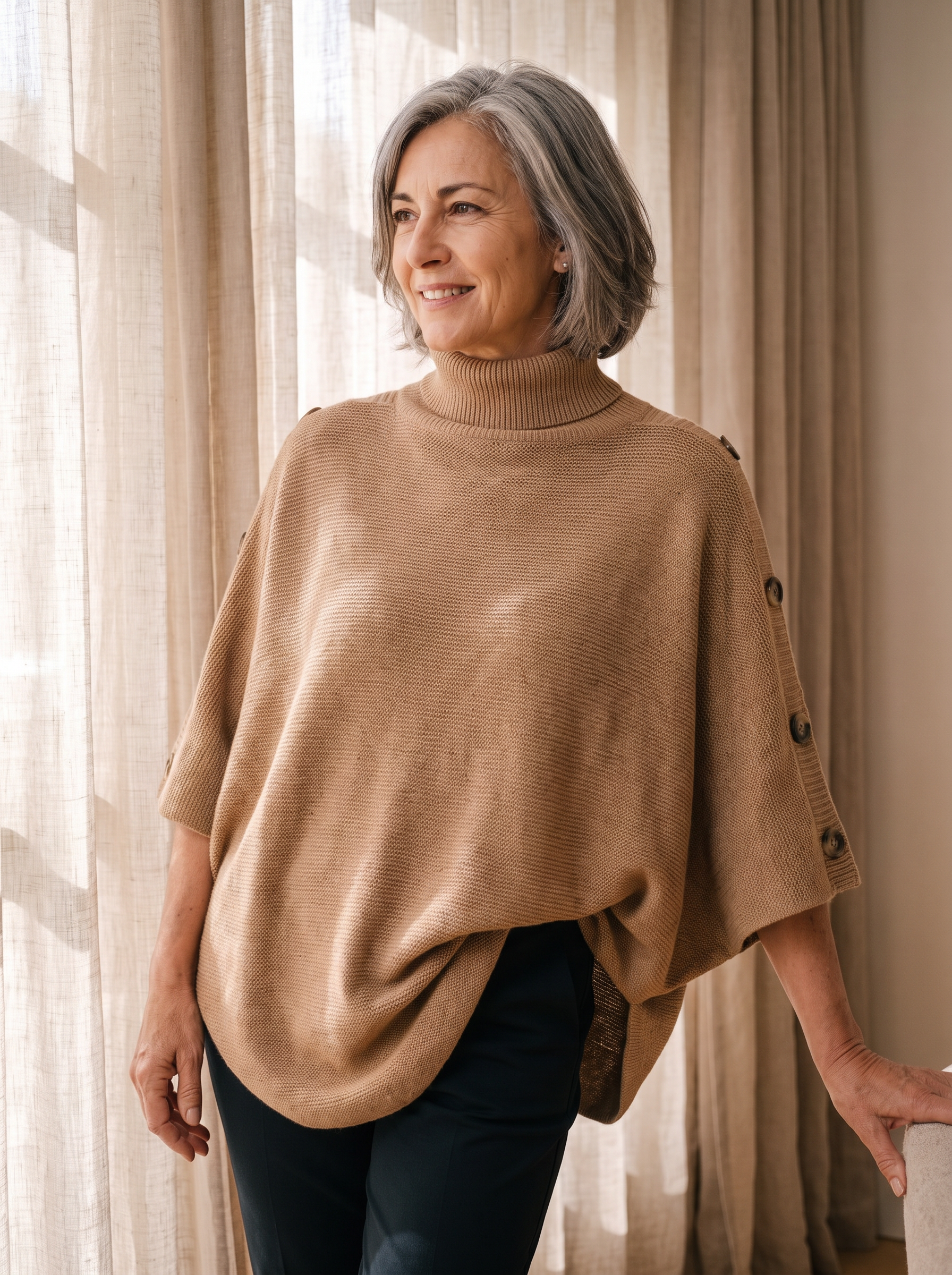 Strikket Poncho til Kvinder med Sideknapper
